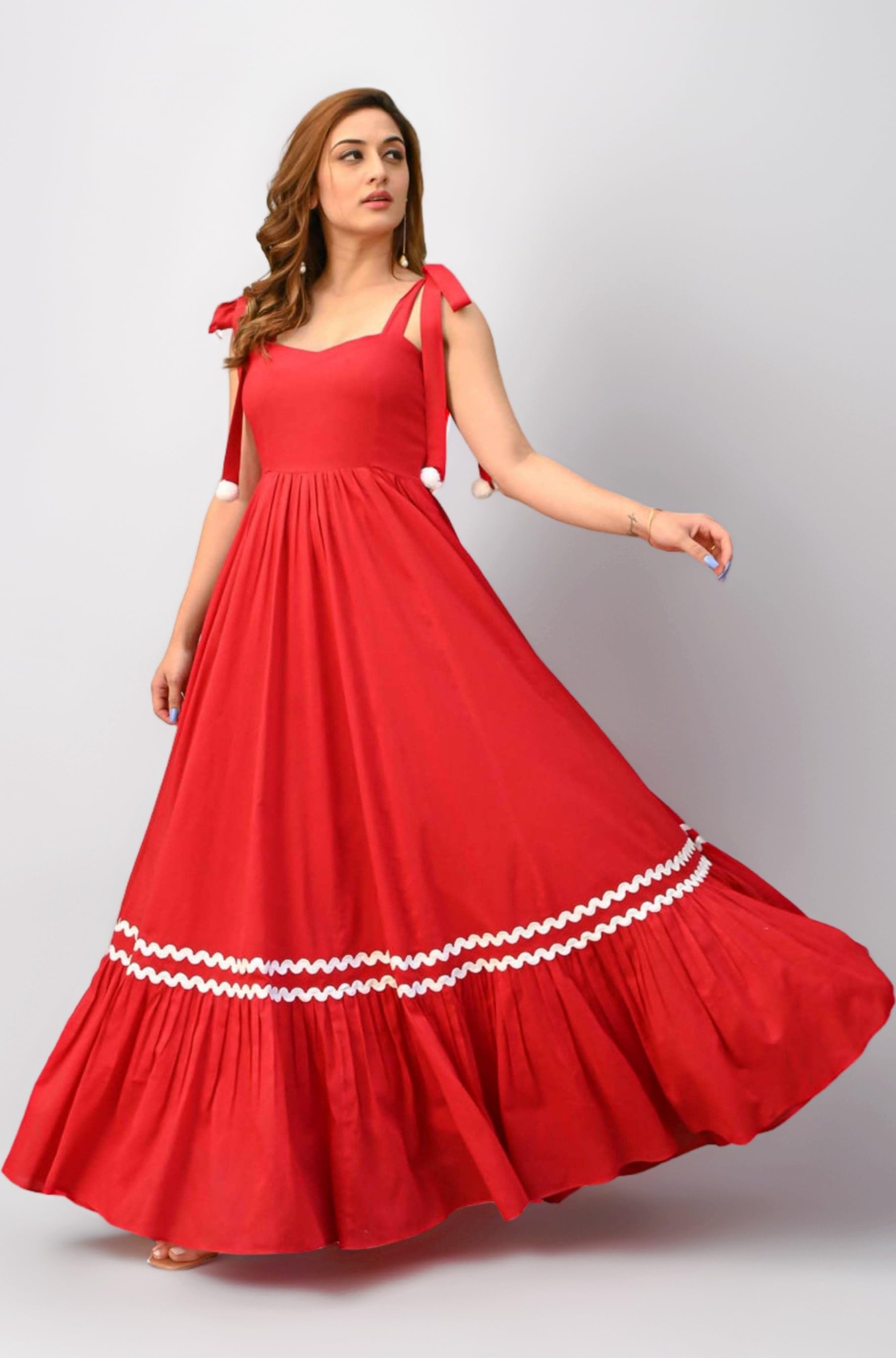 Women's Elegant Long Maxi Gown with Shoulder Ribbon Tie-Up, Stylish & Trendy - Fit and Flare Sleeveless Square Neckline Western Dress, Casual Dress for Women