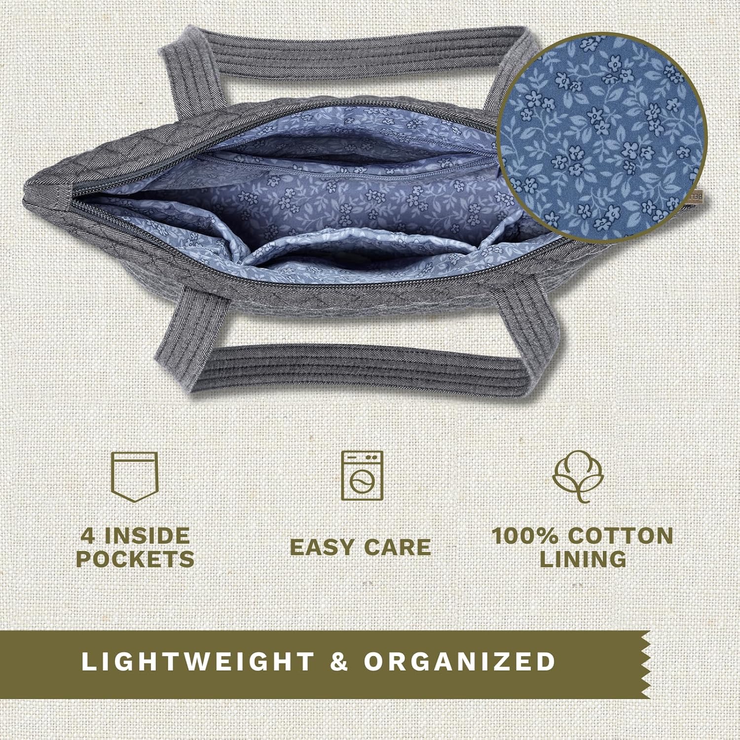 Bella Taylor Small Tote, Quilted Purse for Women, Lightweight Fabric Handbag, 10 Pockets, Zip Top - Image 5