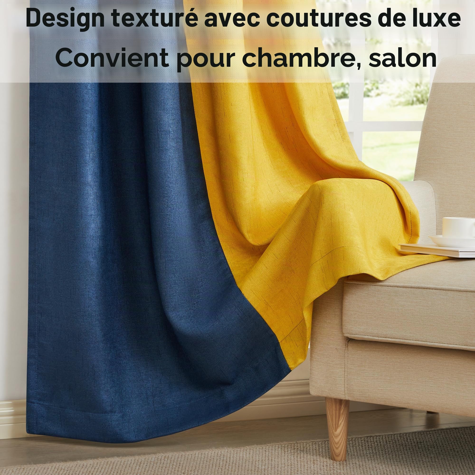 PRIMROSE Lot de 2 Rideaux occultants en Lin à Isolation Thermique avec œillets pour Salon, Chambre à Coucher, Bleu Marine, Jaune, 274,3 cm de Long