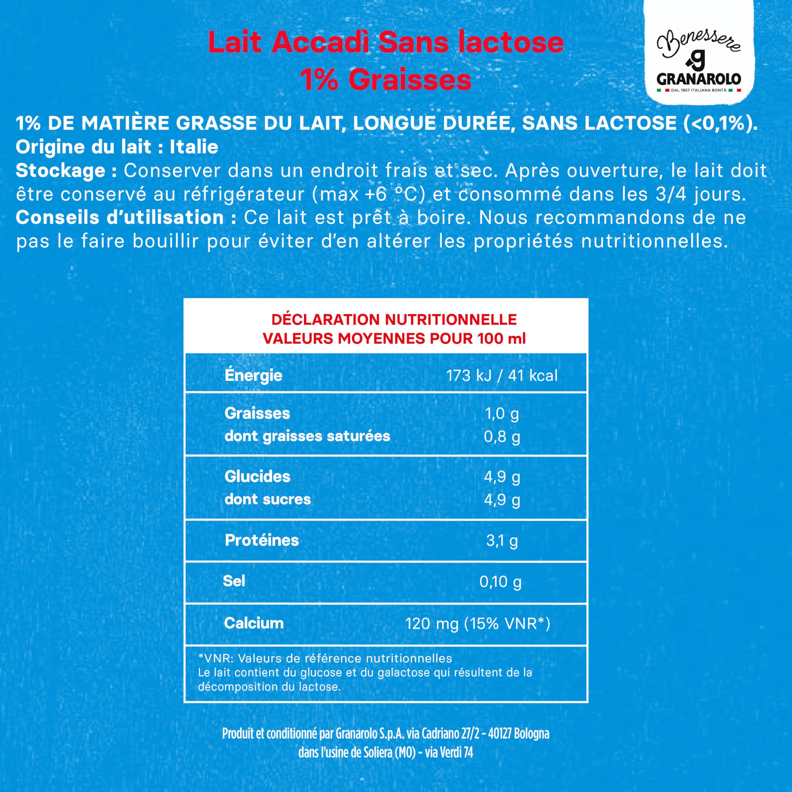 Granarolo, Accadì Lait UHT 1 L, 6 boîtes de Lait 100% Italien sans lactose avec seulement 1% de matière grasse, non pesant et Idéal à tout moment de la journée, riche en calcium