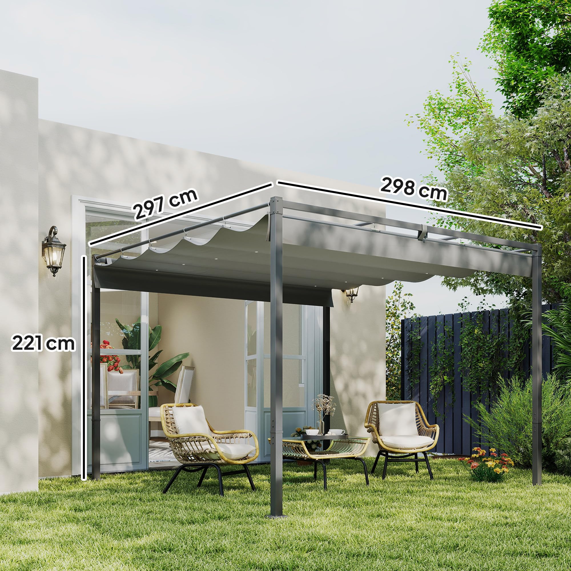 Outsunny Pergola Rétractable Coulissante 3 x 3 m, tonnelle de Jardin à Fixation magnétique Tissu Polyester Haute densité 180g/m² résistant aux UV, pour patios, Jardin, terrasse, arrière-Cours, Gris