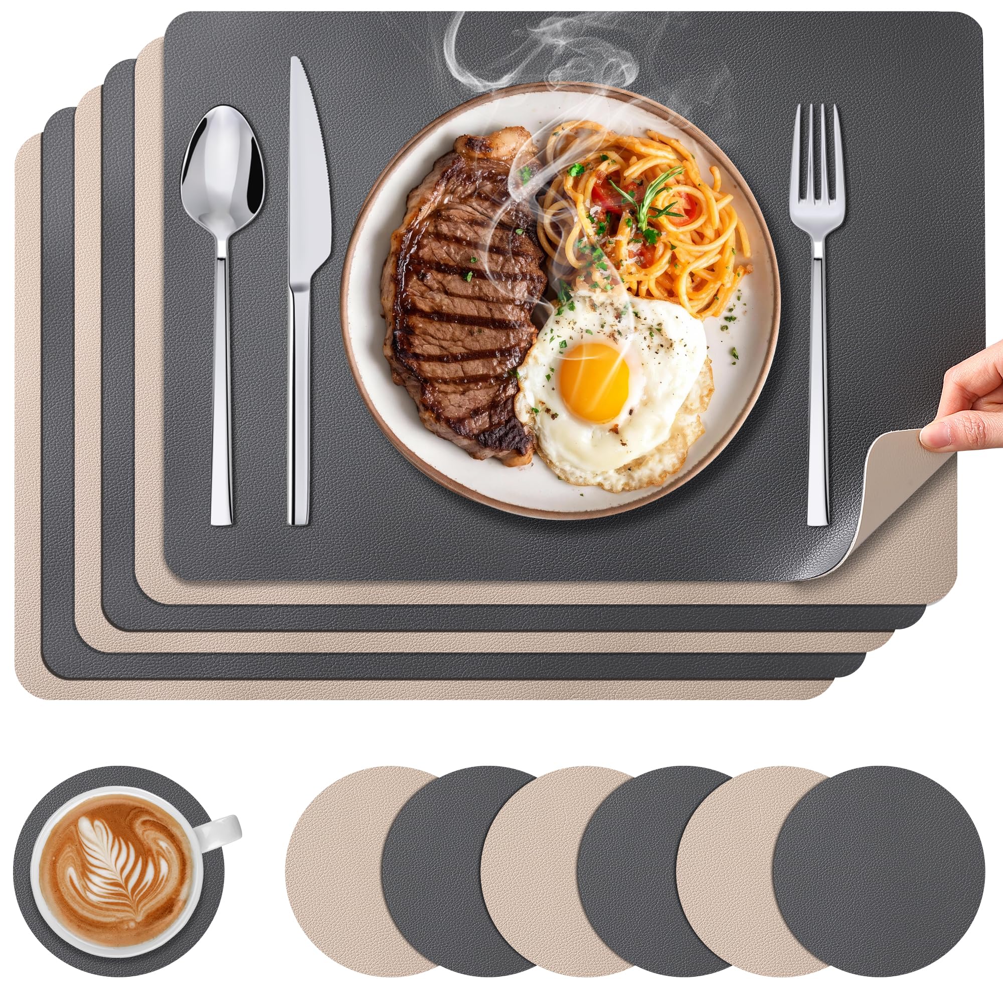 KUOGAS Set di 6 Tovagliette Americane Lavabili Rettangolari Antiscivolo - Tovagliette Personalizzate Doppia Faccia con Sottobicchieri in Pelle Impermeabili per Cucina, Sala da Pranzo, Ufficio