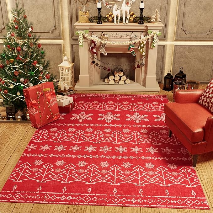 PureCozy Christmas Rug 5x7 Indoor Red Area Rug Washable