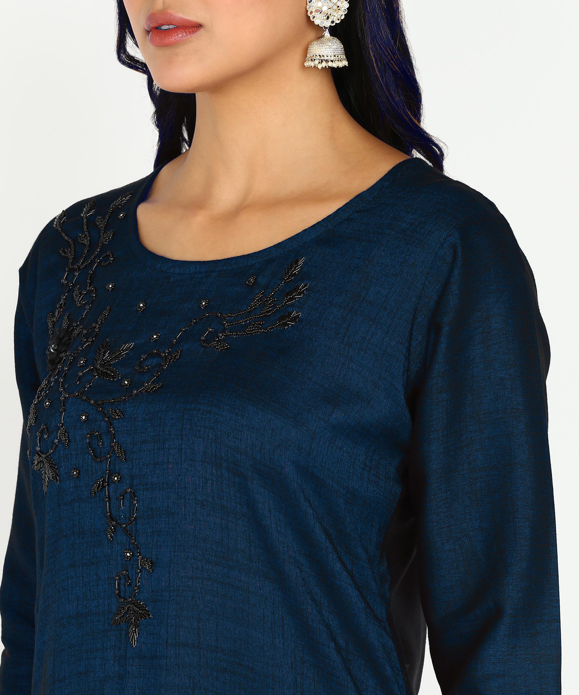 Premium Hand Embroidery Work On 2 Tone Double Tone Double Colour Rayon Fabric for Festival Party Special Occasions (X-Large, Blue) 2