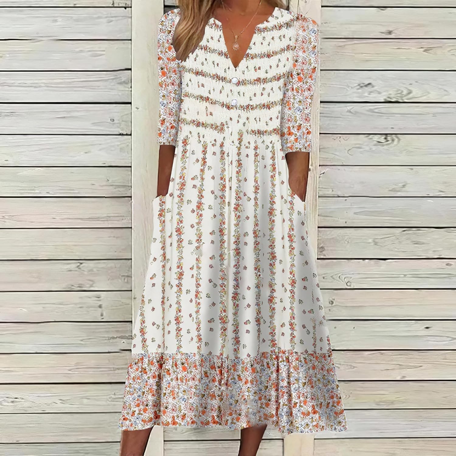 Akivide Womens Summer Boho V Neck Floral Print Half Sleeve Dress Casual Button Midi Dresses for Women with Pockets 2024 - Image 2