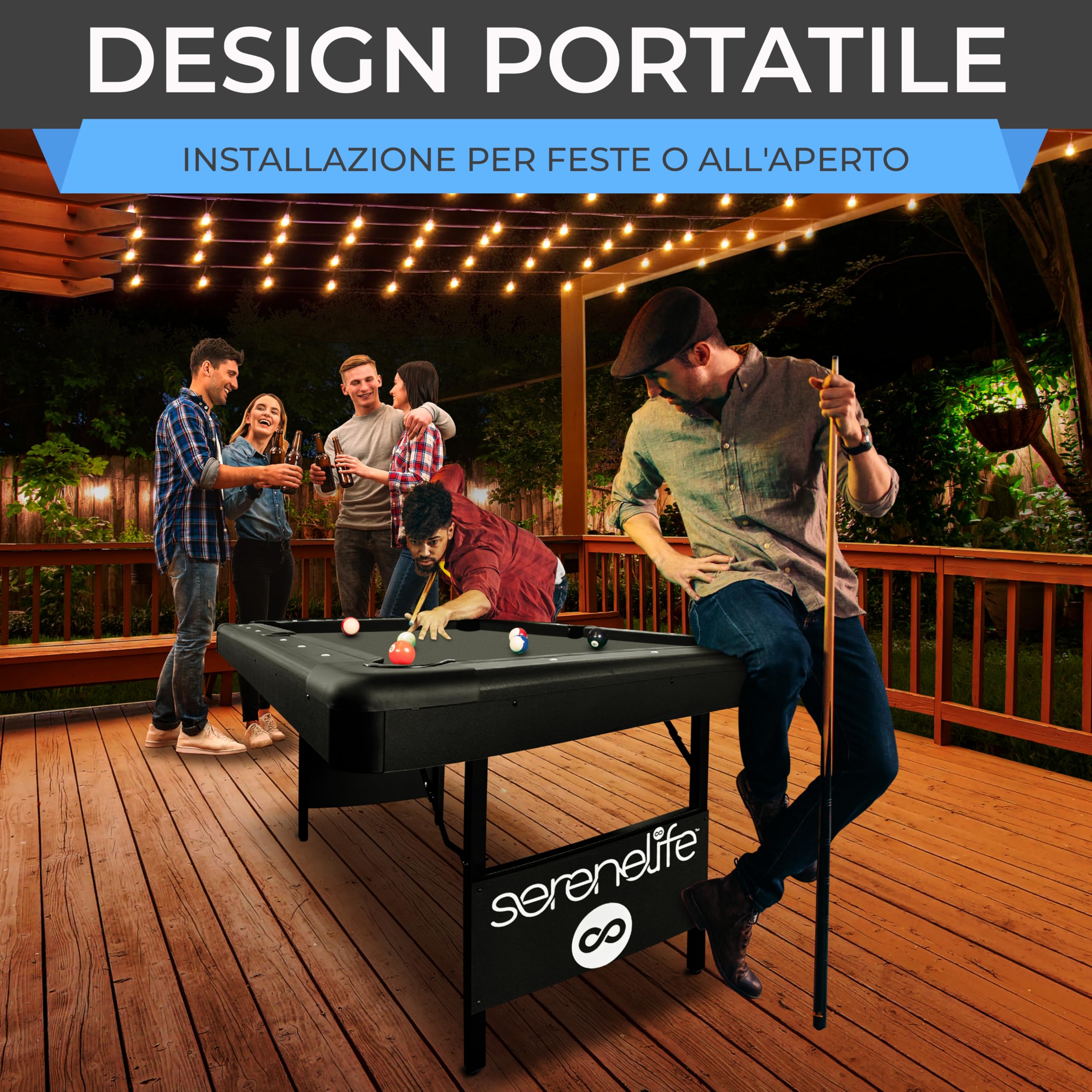 SereneLife Pieghevole da 6 Piedi – Portatile – Include 2 Cue, Set Completo di Palle, Gesso, Spazzola – Pieghevole per Bambini e Adulti (Nero)