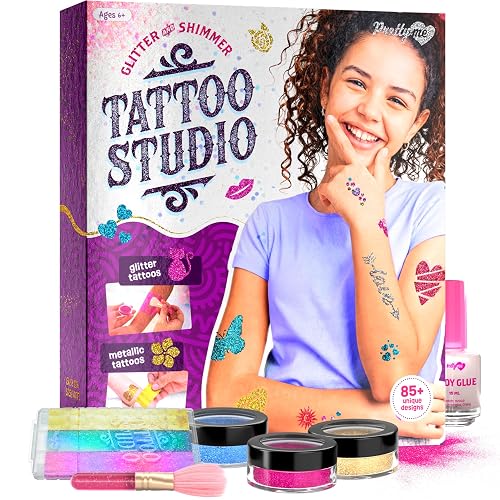 Pretty Me Glitter Tattoo Kit for Kids - Glitter & Metallic Fake Tattoos for Girls - Birthday Gift Ideas for Girl - Temporary Tattoo Set - Craft Kits Toys for Ages 6 7 8 9 10 11 Year Old - Cool Gifts
