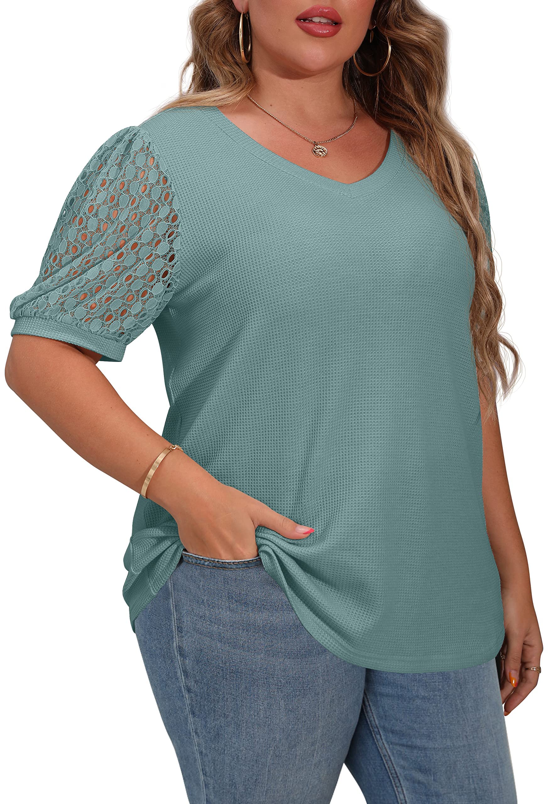 OLRIK Plus Size Clothes for Women Lace Blouse Waffle Knit Short Sleeve Womens t Shirts Casual Loose Tunic