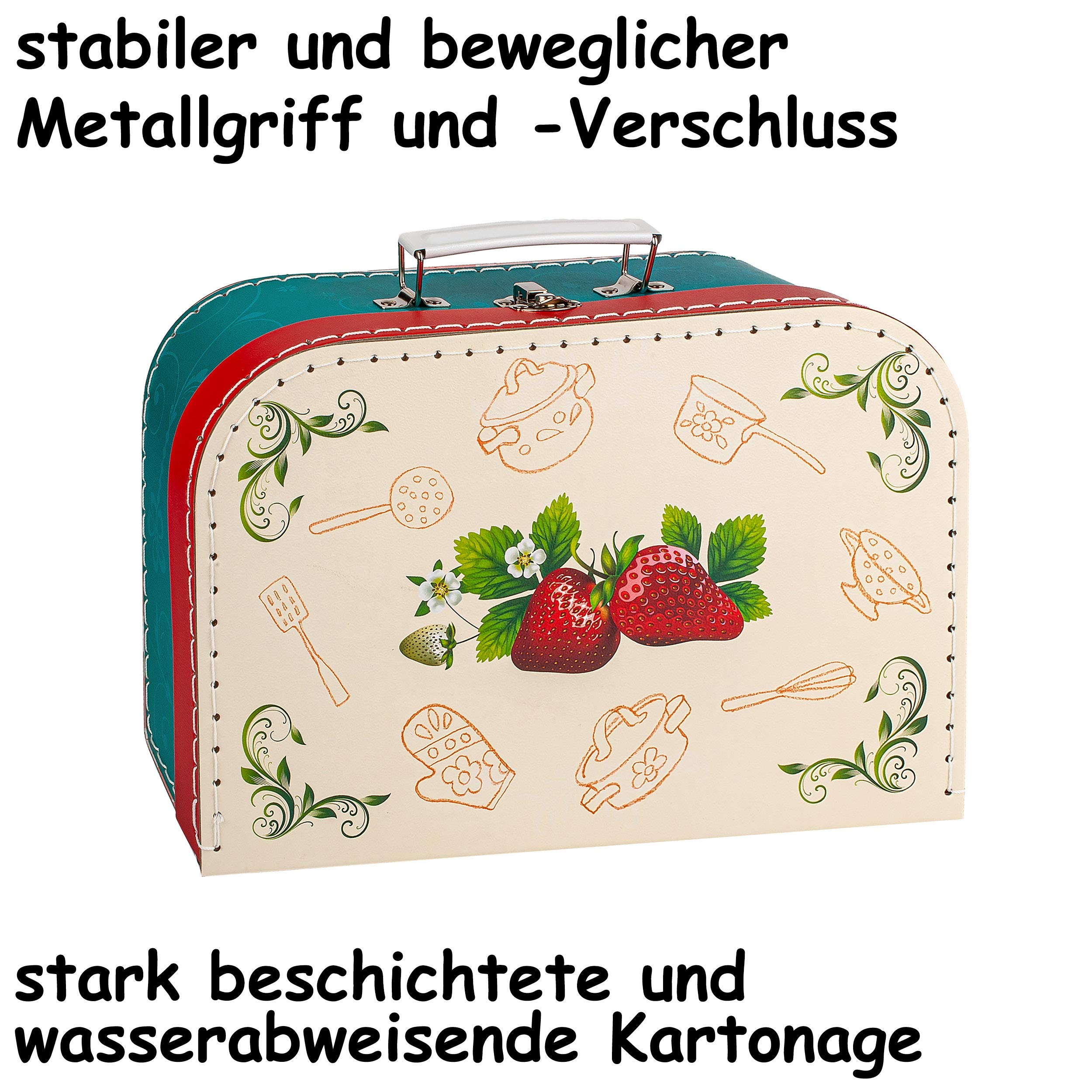 alles-meine.de GmbH 12 TLG. großes Set Koffer - Kochset & Topfset - Puppengeschirr/Kochtopfset - Erdbeere & Kochplatte - aus Metall/Emaille - echte Blech Töpfe/Panne + Kü..
