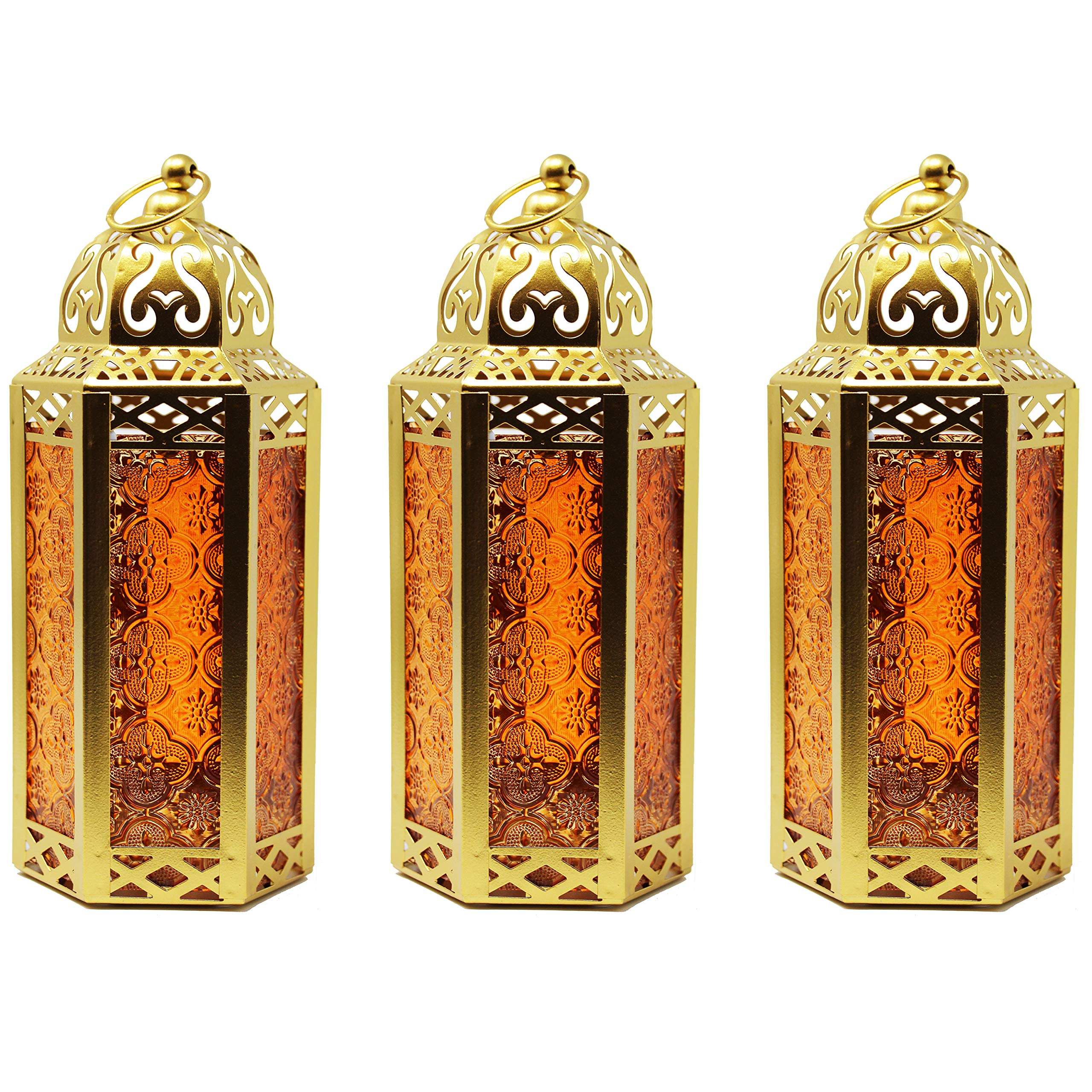 VELA LANTERNS 3-Pack Gold Moroccan Candle Lantern Decorative Candle Holder Lamp for Table or Hanging, Ramadan Decorations, Indoor Home Decor, Outdoor