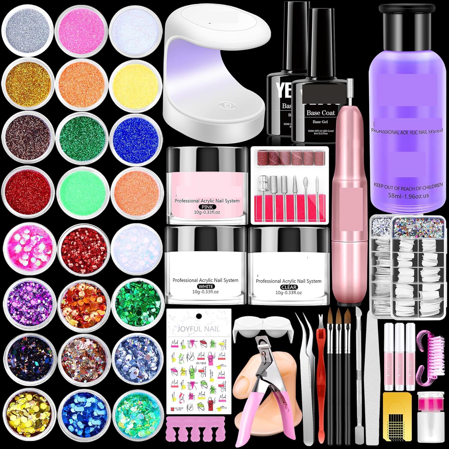 Professional Acrylic Nail Kit with Nail Drill and UV Light, 20000 RPM Electric File Mini UV Lamp Large Acrylic Liquid Monomer, 24 Glitter Colors 200 Nail Tips, Complete Salon Set for Beginners & Pros