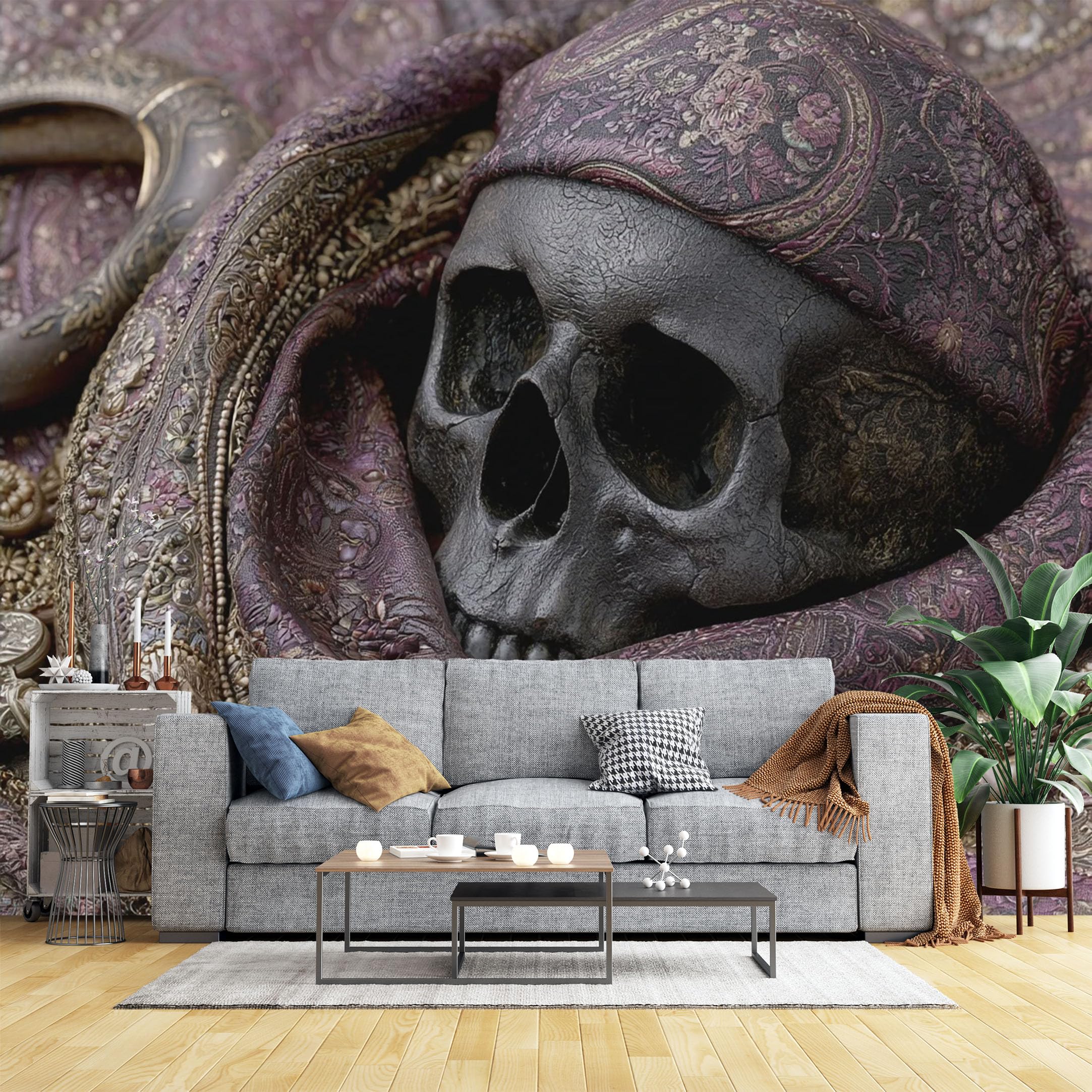 Custom Size Wall Murals Antique Skull with Ornate Fabric and Pearls Wall Murals Gothic Decor Wallpaper, Home Decor Self-Adhesive Removable Wallpaper for Bedroom