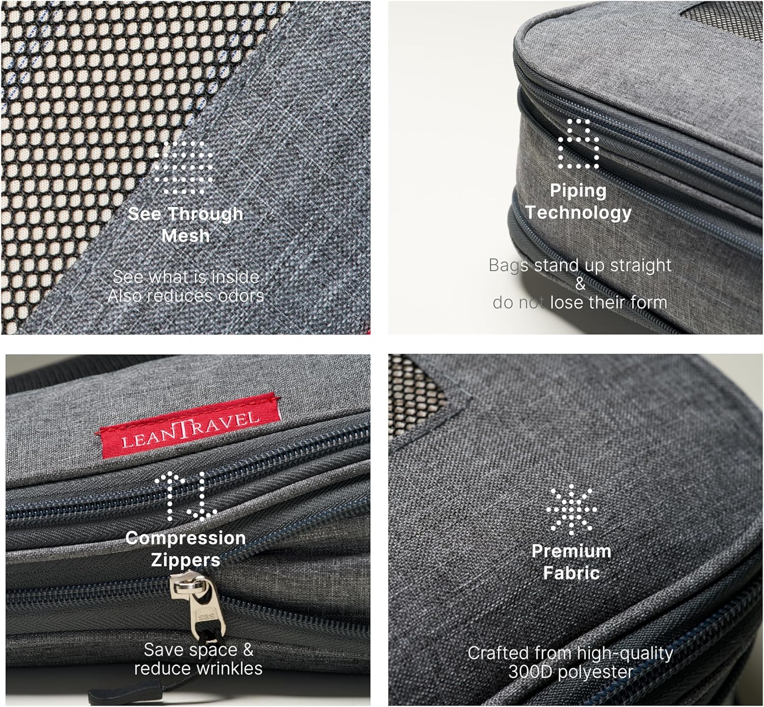 LeanTravel Premium Compression Packing Cubes for Travel - Luggage Organizers with Double Zipper - Sturdy Bags for Suitcase (6-Pack, Grey) - Image 3