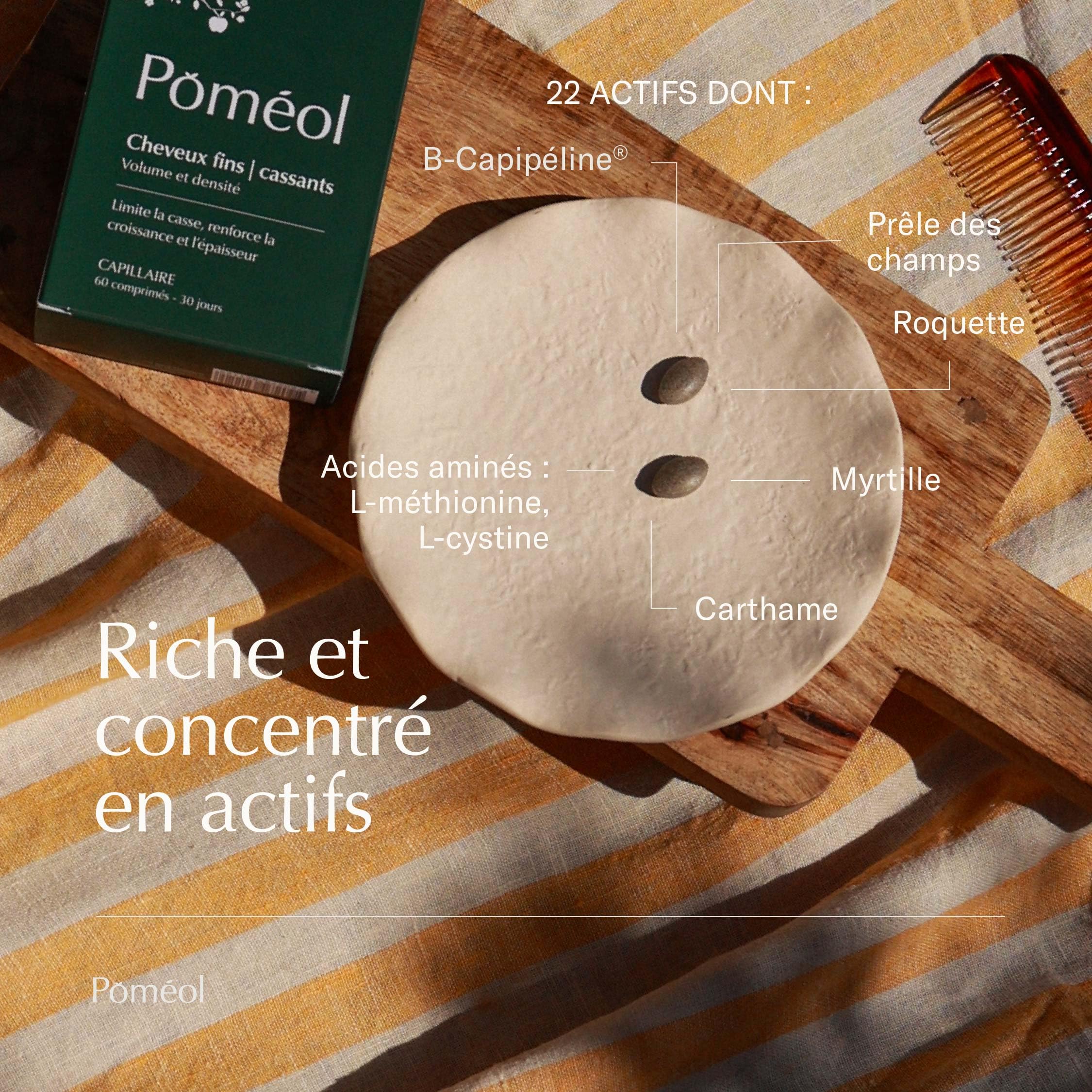 Complément Alimentaire Pousse & Croissance Cheveux Fins | Volume, Densité & Anti-Casse - Accélère la croissance, Nourrit et Renforce | Keratine, Prêle, Bambou, Roquette, Myrtille| 90 jours | POMÉOL