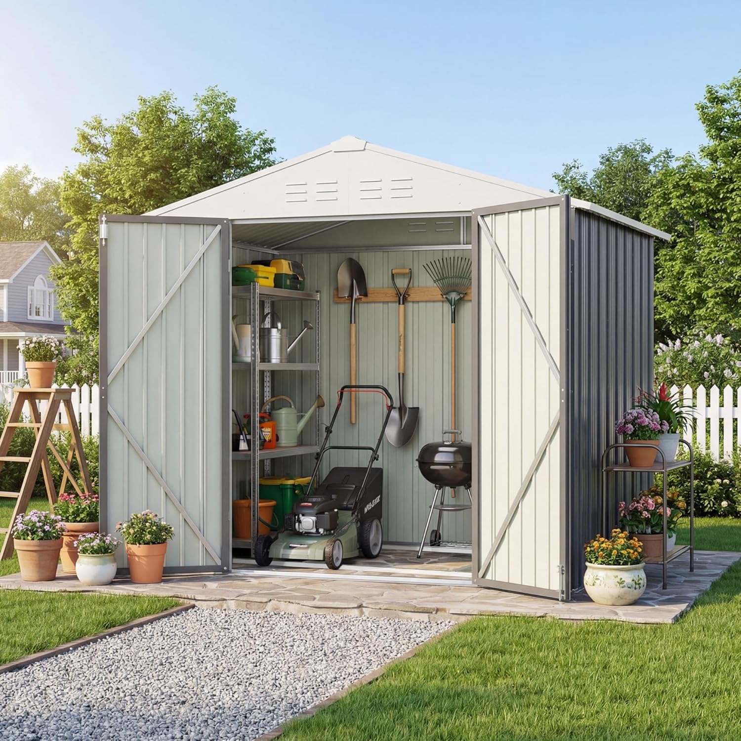 Devoko 6 x 4 FT Storage Sheds with Floor Frame, Waterproof Garden Tool Shed with Lockable Door, Outdoor Metal Utility Shed for Backyard Patio Lawn, Gray