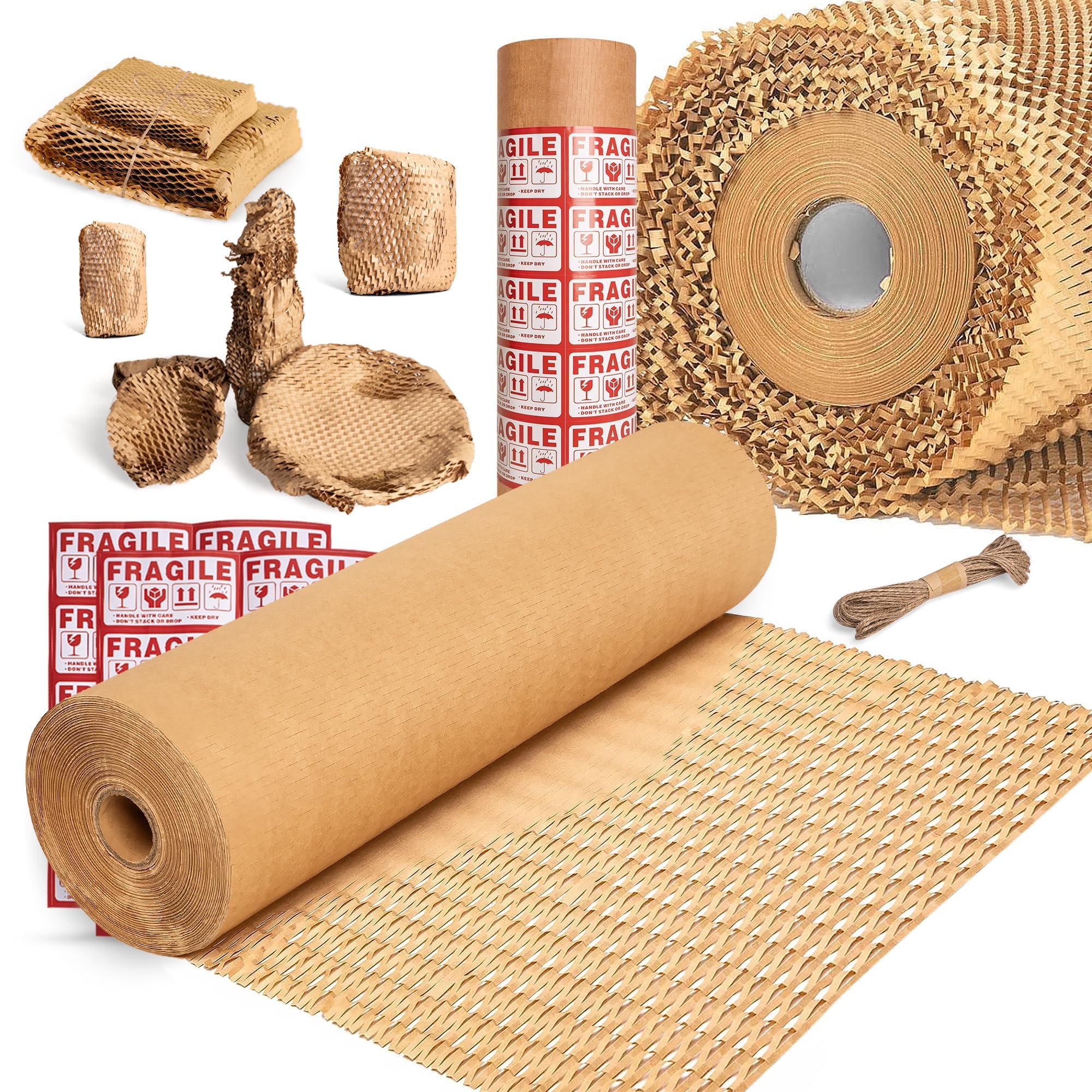 Ecoducer Wabenpapier-Rolle Zum Verpacken – 38,1 Cm Breit, Dehnt Sich Von 50 M Auf 80 M, Umweltfreundlich Aus Kraftpapier, Inkl. Juteschnur & Aufkleber