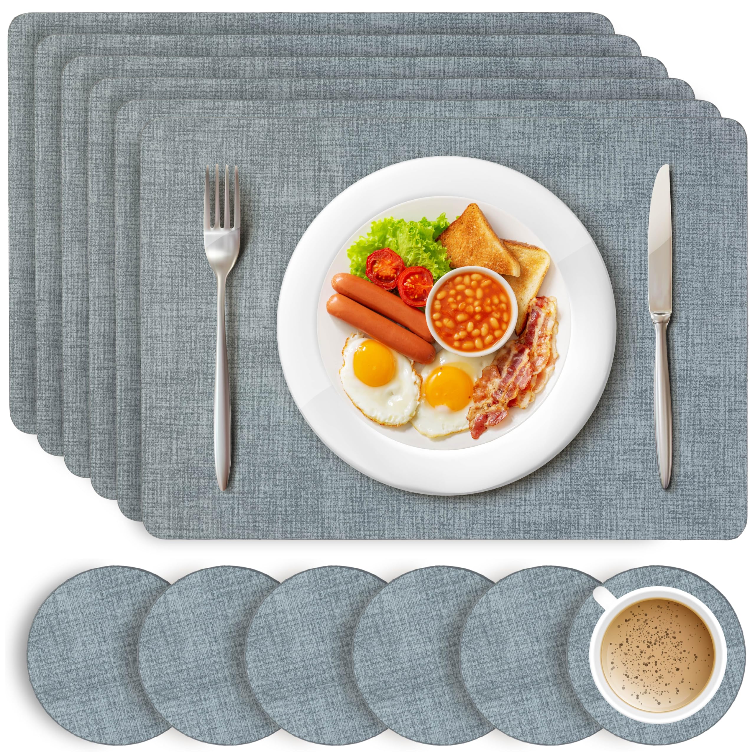 HEFTMAN Blue Placemats and Coasters, Set of 6 Large PU Leather Coasters and Place Mats for Table Heat Resistant up to 100℃