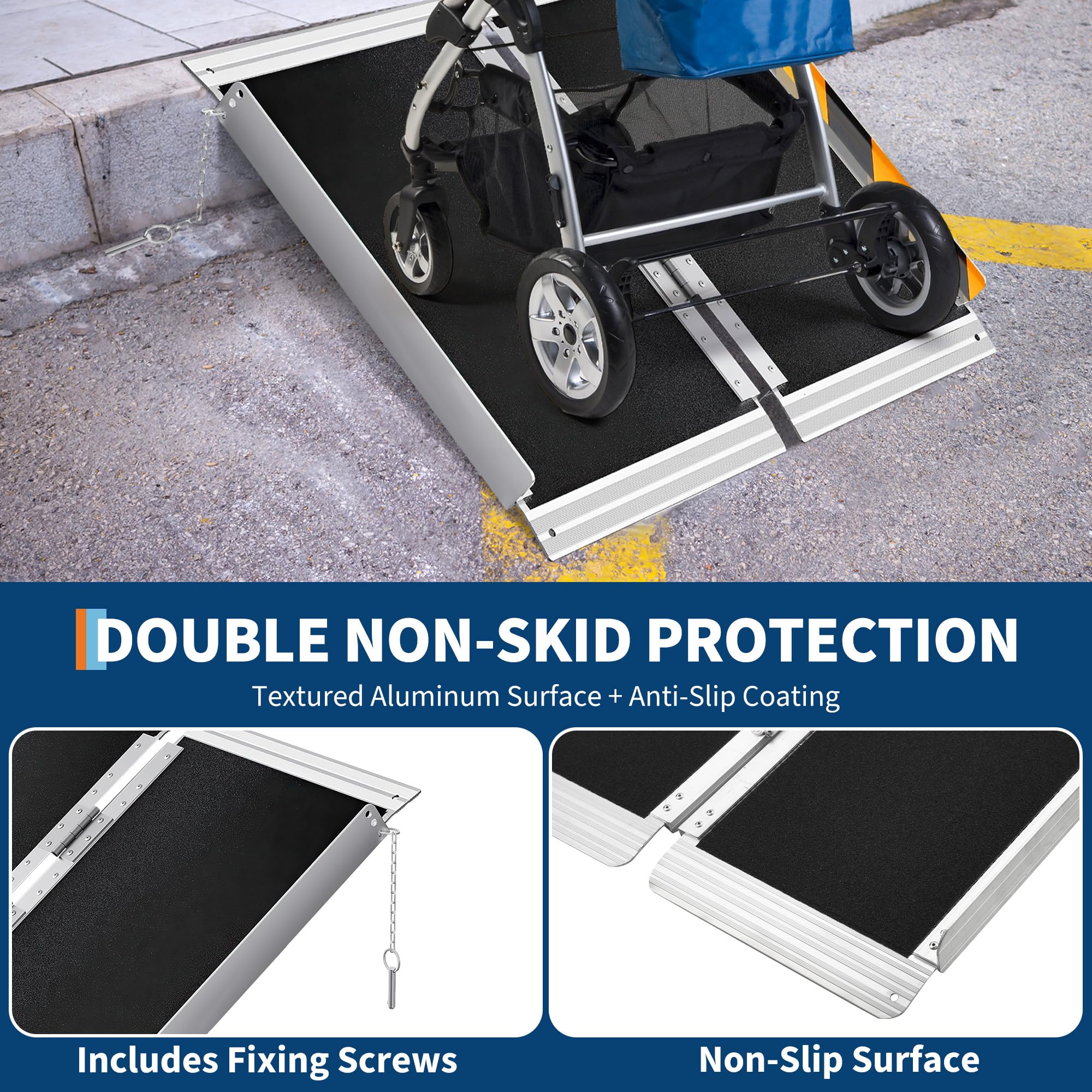 Rampa Plegable Portátil De Aluminio Para Silla De Ruedas: Superficie Antideslizante, Capacidad De 270 a 360 Kg, Ligera, Ideal Para Escalones, Puertas, Escaleras y Scooters. Diseño Con Cerradura De Seg