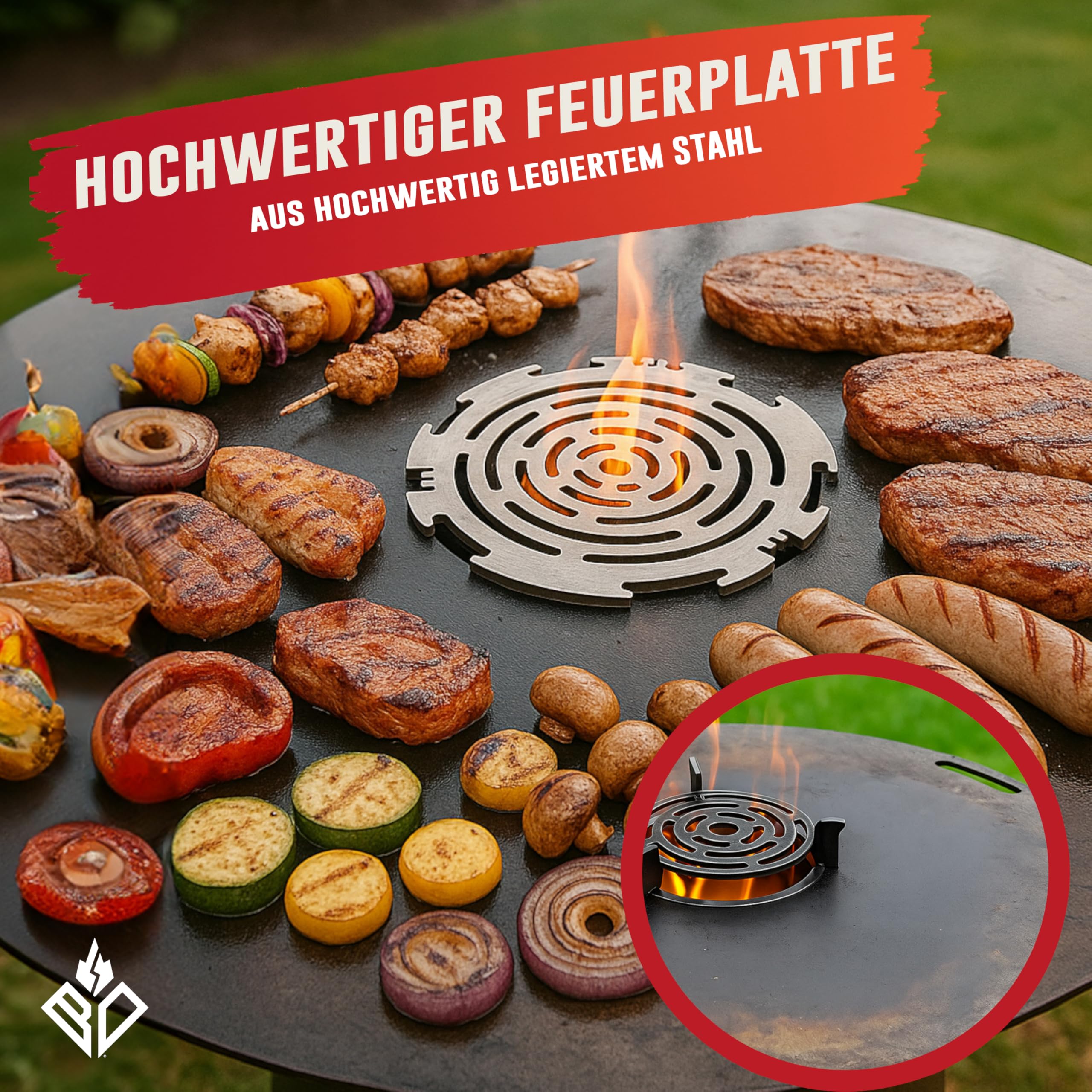 Feuerplatte für Feuertonne & Kugelgrill ⌀ 80cm (Made IN Europe) aus legiertem Stahl (6mm Stärke) - Grillplatte & Grillaufsatz (rund) mit Feuerloch & Handgriffe - BBQ Grillring