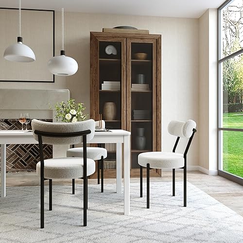 Miniatura 4 de Juego de 5 mesas de comedor rectangulares modernas de interior para 4, mesa de madera maciza y 4 sillas Boucle para cocina, bar, sala de estar,