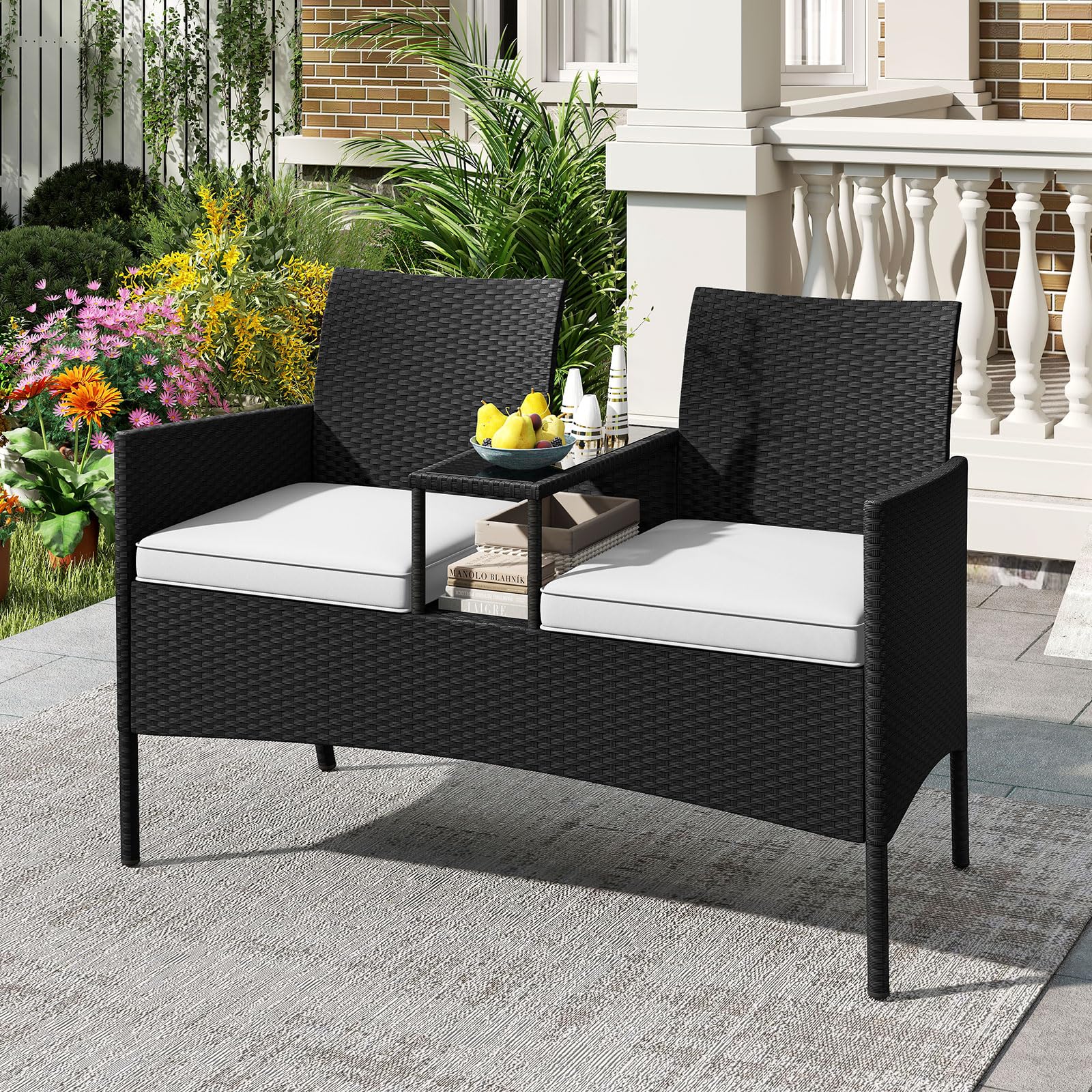 GIANTEX Rattan Gartenbank 2 Sitzer mit Tisch, Sitzbank Outdoor mit Auflage, Balkonbank für 2 Personen, Terrassenbank Parkbank wetterfest, Balkonmöbel Bank 360 kg tragbar, Gartenmöbel 124 x 62 x 84 cm