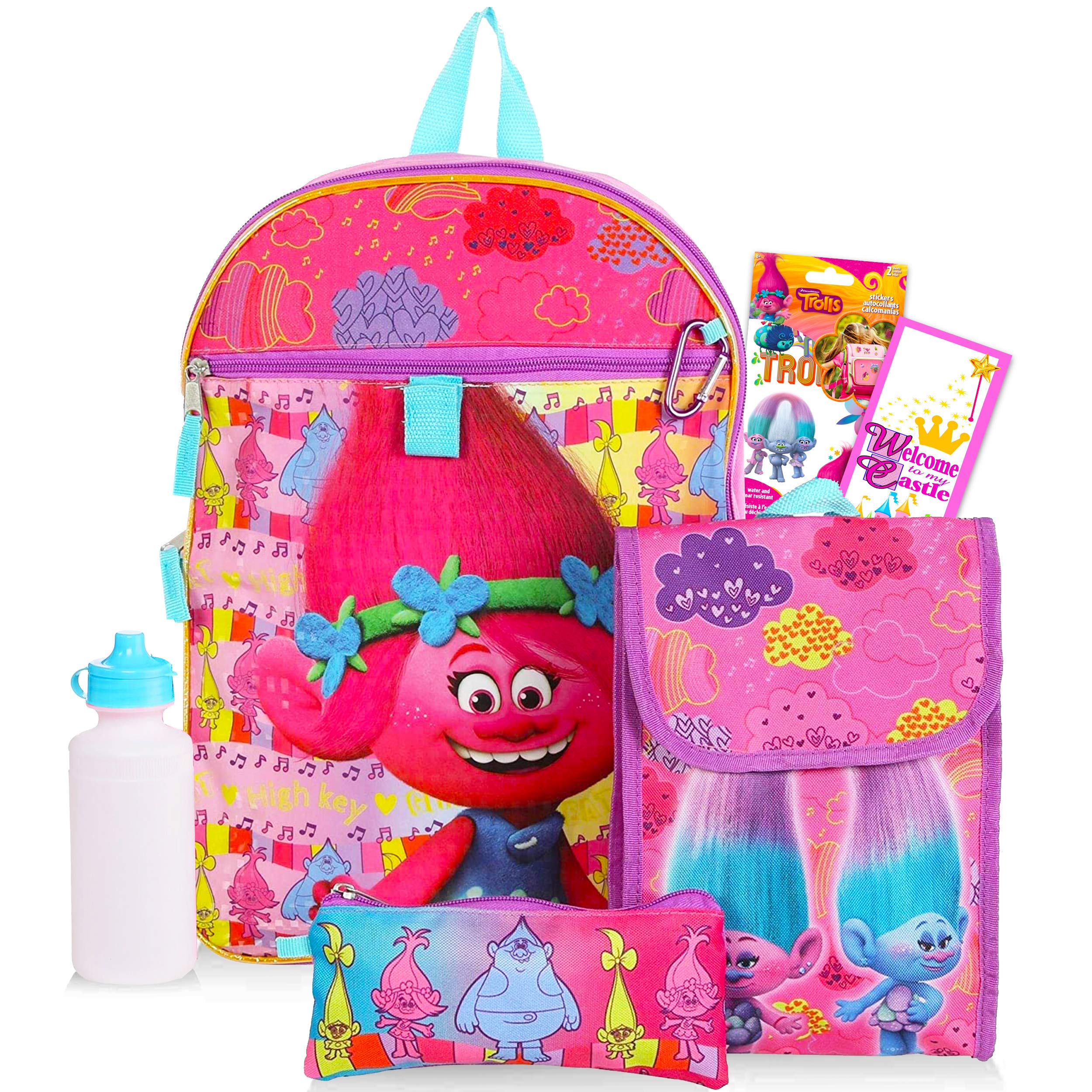 Dreamworks Trolls School Bag Bundle - 5 Pc Trolls School Supplies Set Including Trolls School Bag, Lunchbox, Water Bottle, Stickers, And More! (Trolls School Supplies)
