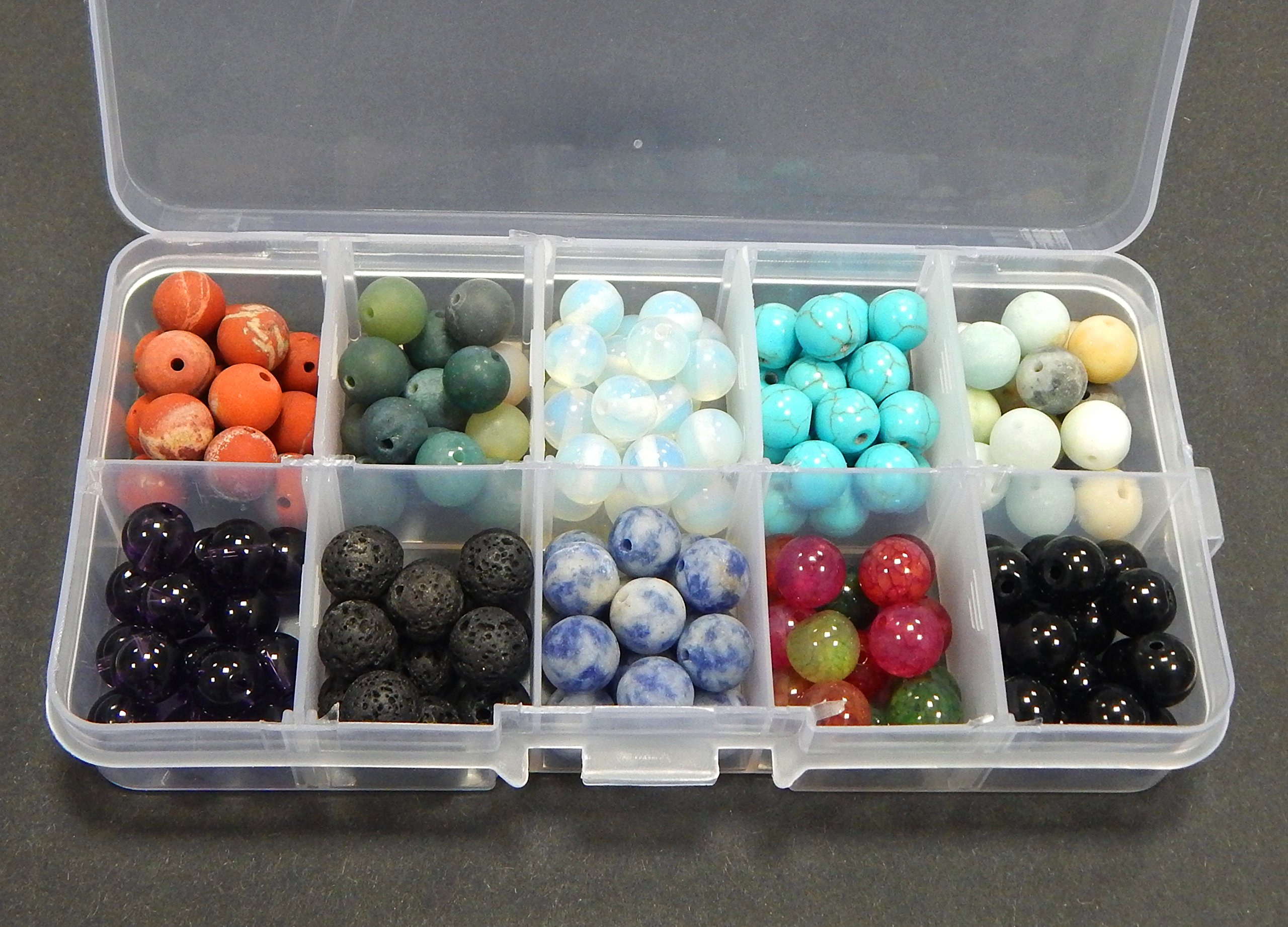Perlin 150stk. Edelsteine Halbedelstein Perlen 8mm Bastel-Set 10 Farben Amethyst, Mondstein, Lava stein, Jaspis, Onyx Schwarze, Tourmaline, Sodalith, Amazonite, Türkis, Indische Achat mit Sortierbox
