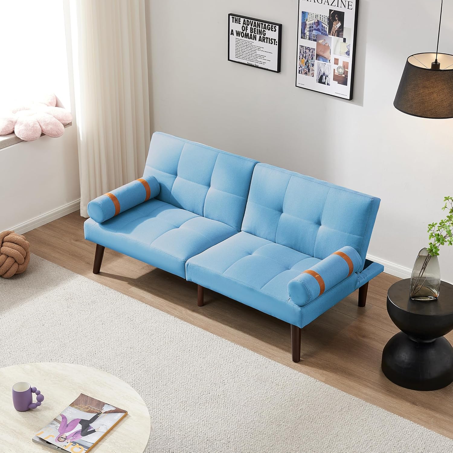 Convertible Sofa Bed Futon with Solid Wood Legs Linen Fabric Blue