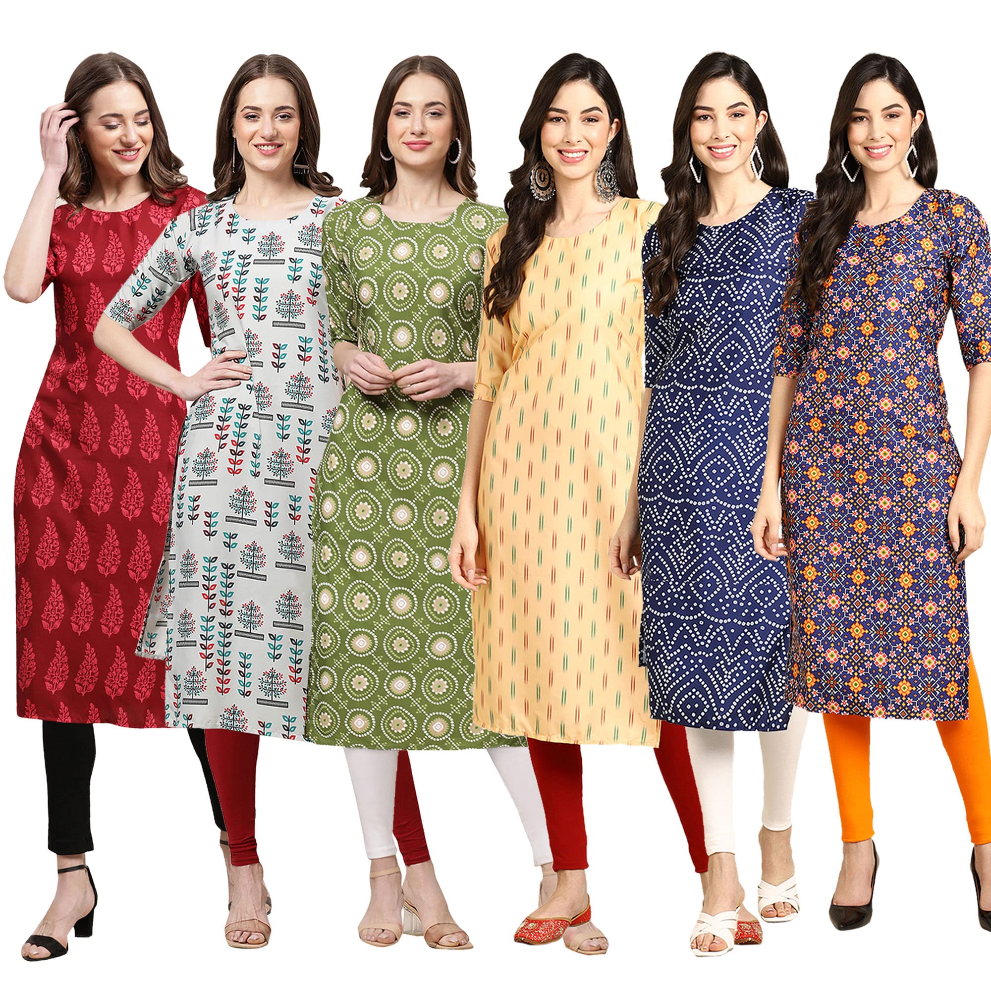 Pinkmint Women's Crepe Digital Print Straight Kurta Pack Of 6 [Cr-337-340-338-360-366-369-Xl]