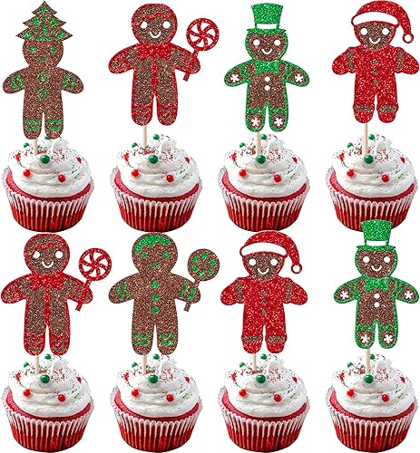 Vista 184 de Rsstarxi Paquete de 30 adornos navideños para cupcakes de hombre de jengibre con purpurina para baby shower, decoración para temática de Feliz