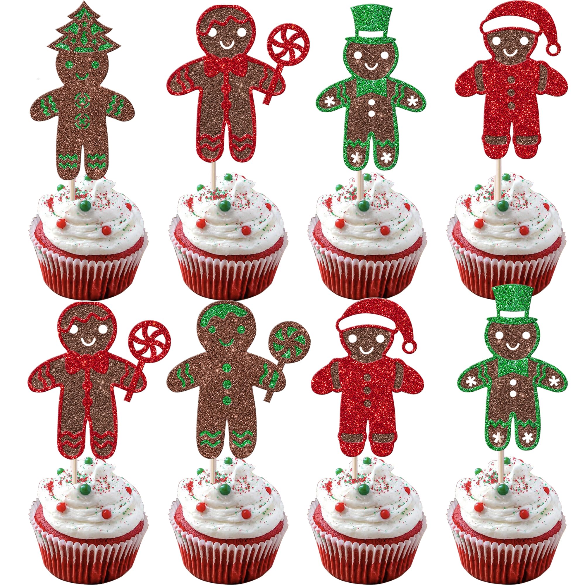 Xsstarmi 30 Pack Christmas Gingerbread Man Cupcake Toppers Glitter Gingerbread Gender Reveal Cupcake Picks for Merry Christmas Xmas Holiday Gender Reveal Baby Shower Party Cake Decorations