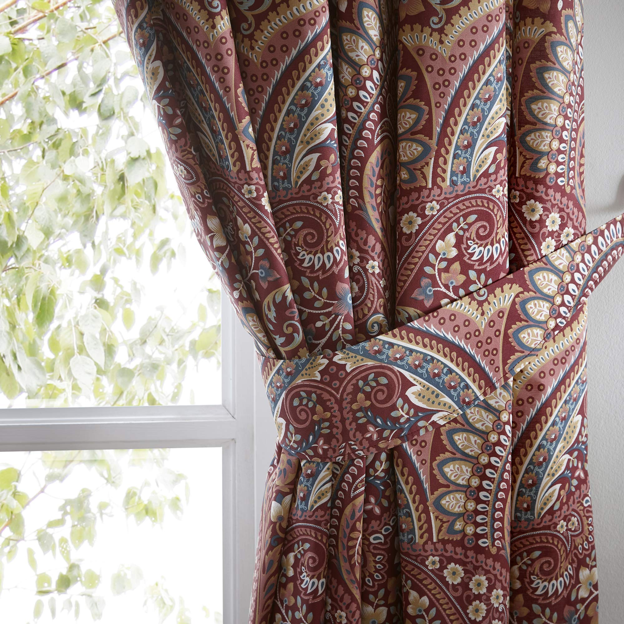 Dreams & Drapes Cortinas jacobeas Granate de 168 x 183 cm, 2 alzapaños, Plisadas Florales/exóticas, Bohemias marroquíes en Rojo, Damasco para Dormitorio/Sala de Estar