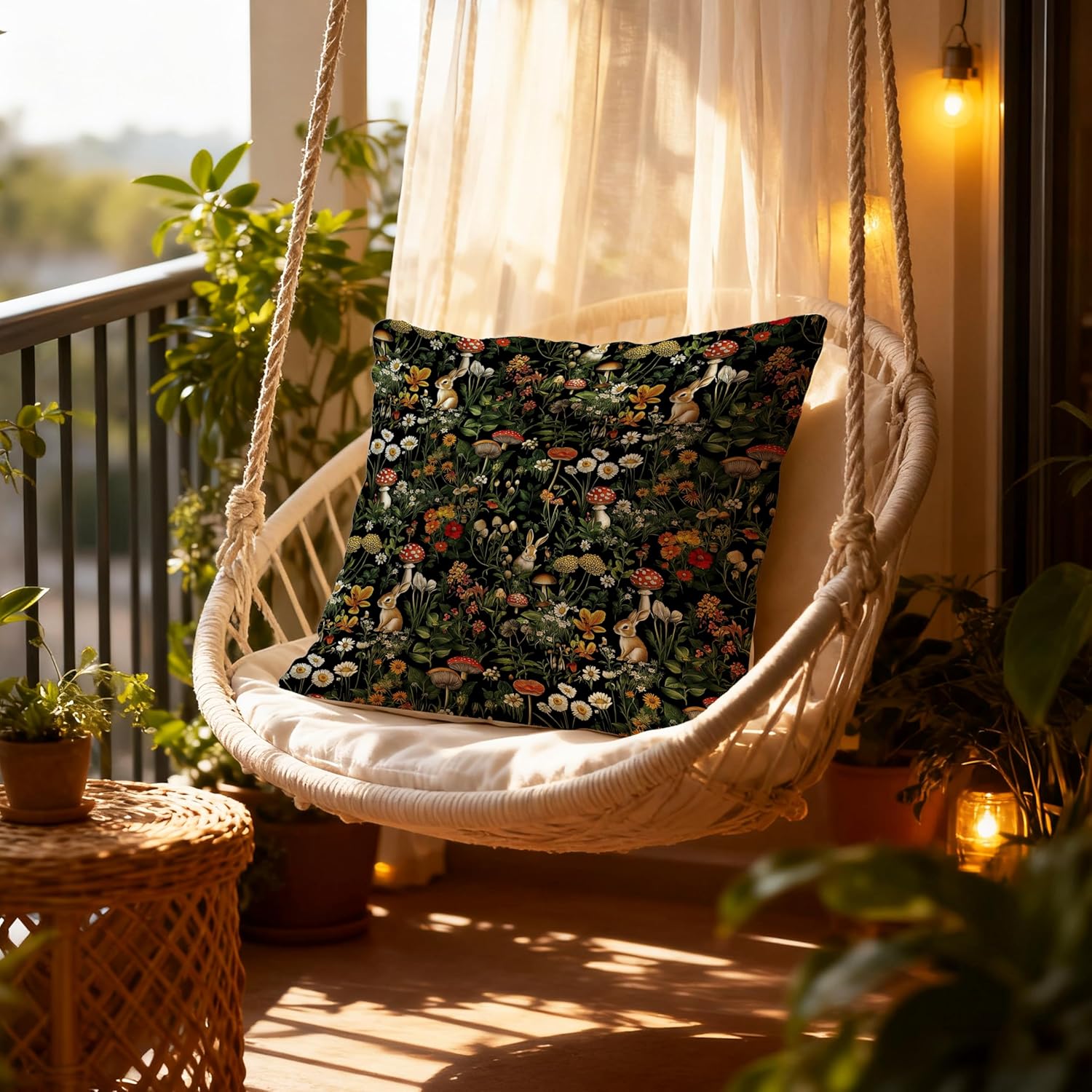 Cottagecore Mushroom Floral Bunny Pillow Covers 18x18, Dark Cottagecore Decor, Rustic Wildflower Botanical Rabbit Decorative Throw Pillow Covers for Home Bedroom Living Room,251pillowcover - Image 3