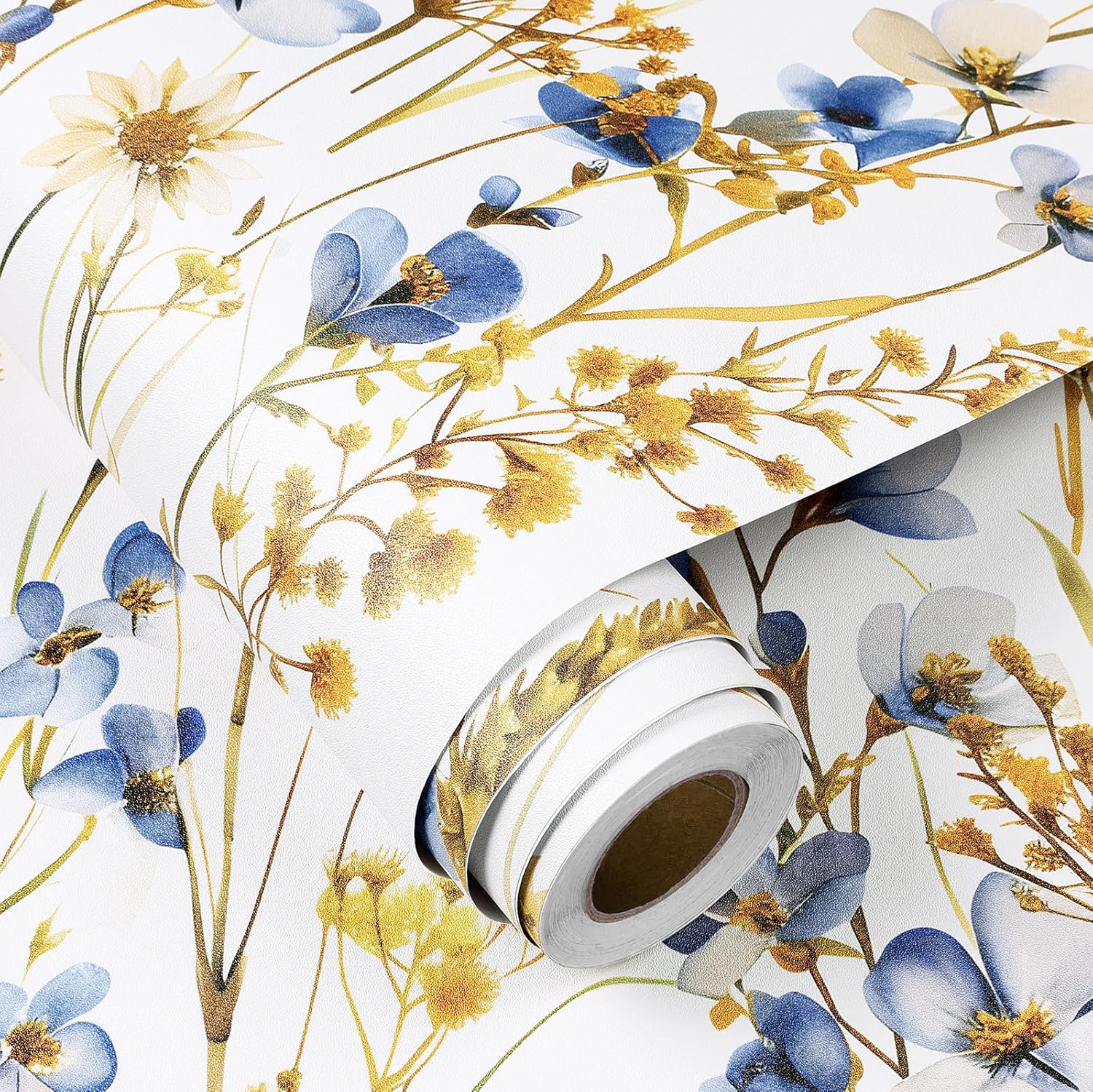 FunStick 44.5CMx9M Papel Pintado Floral Blanco Pared Dormitorio Trigo Otoñal y Flores Silvestres Impermeable Papel Adhesivo para Muebles Baño Blanco Azul Dorado Vinilo Adhesivo Flores Muebles Armario