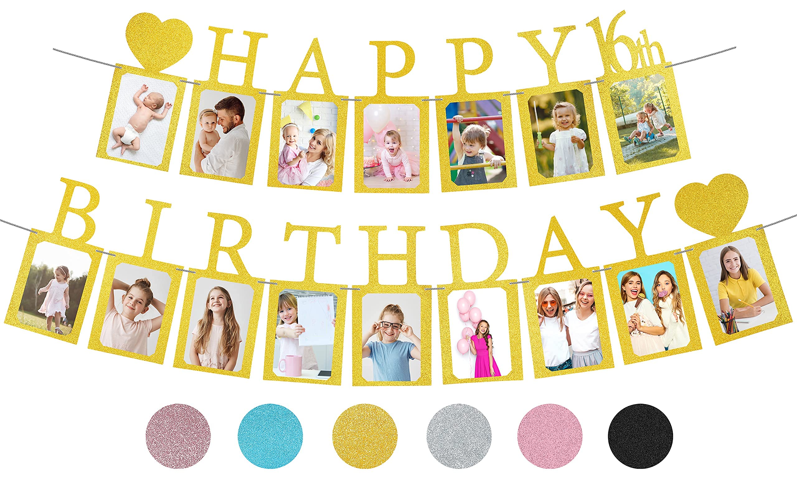 Sweet 16 Birthday Decorations Photo Banner in Gold Pre-assembled - Sweet 16 Banner WITH Sixteen Photo Card Frames Party Supplies - Happy 16th birthday decorations for girls with 16 Signs