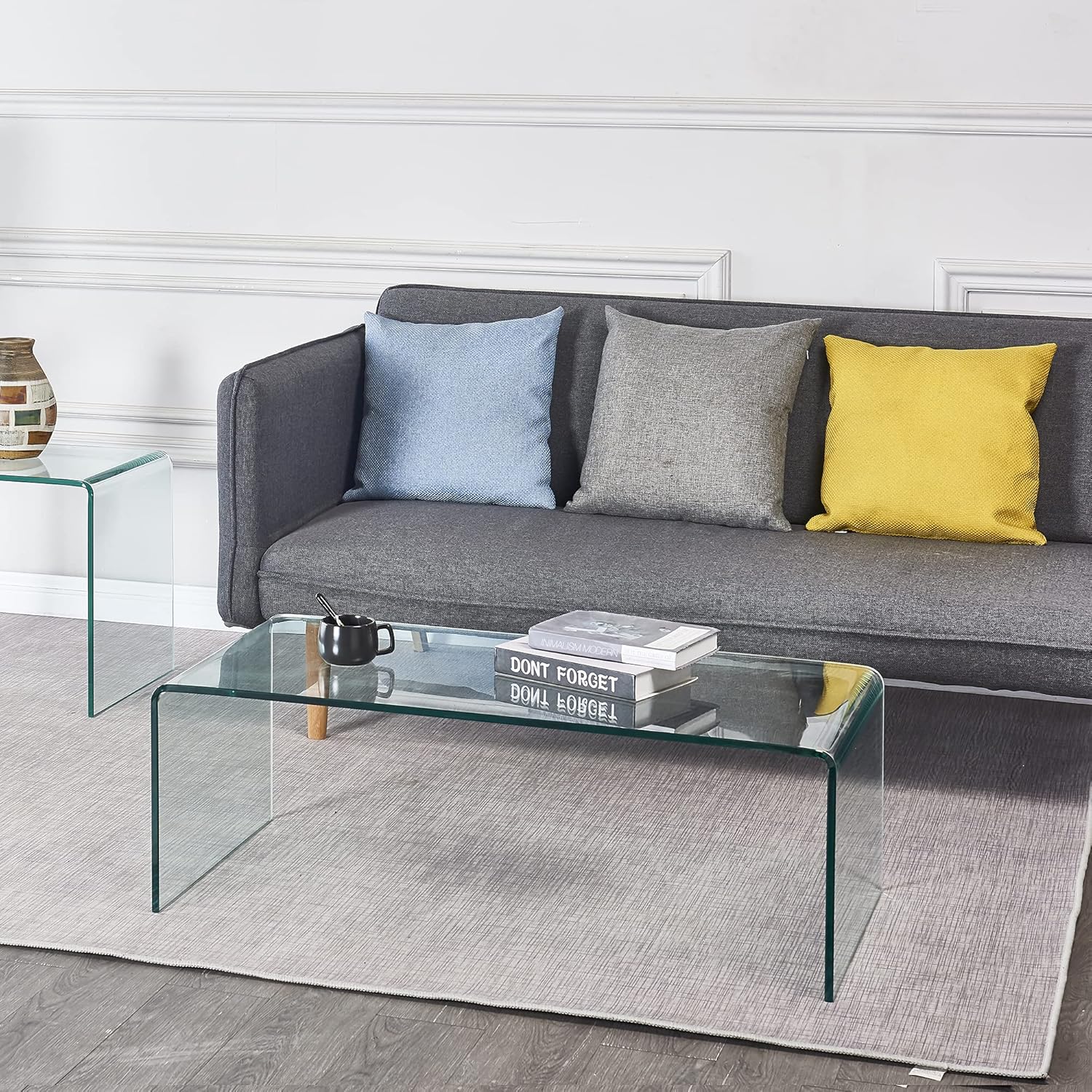Clear Glass Coffee Table,Transparent Bent Modern End Table Home Office Furniture,Tempered Coffee Tables Glass,Rectangle Console Table 39.40" W x 19.7" D x 13.8" H (Medium)