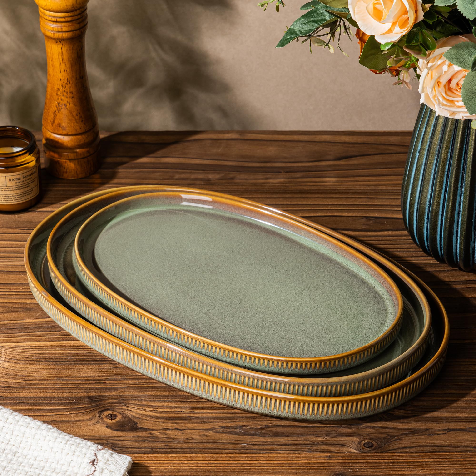 theterra Ceramic Serving Platter Set of 3, Oval Serving Plates and Dishes