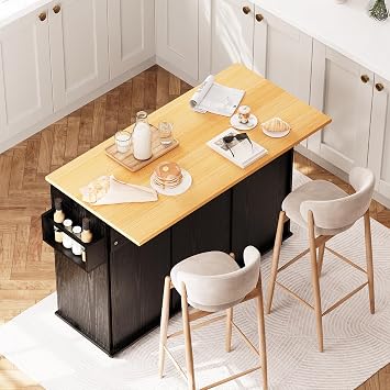 Rolling Kitchen Island with Drop Leaf & Trash Can Storage, Kitchen Island Cart with Spice Rack & Towel Rack, Mobile Island Table