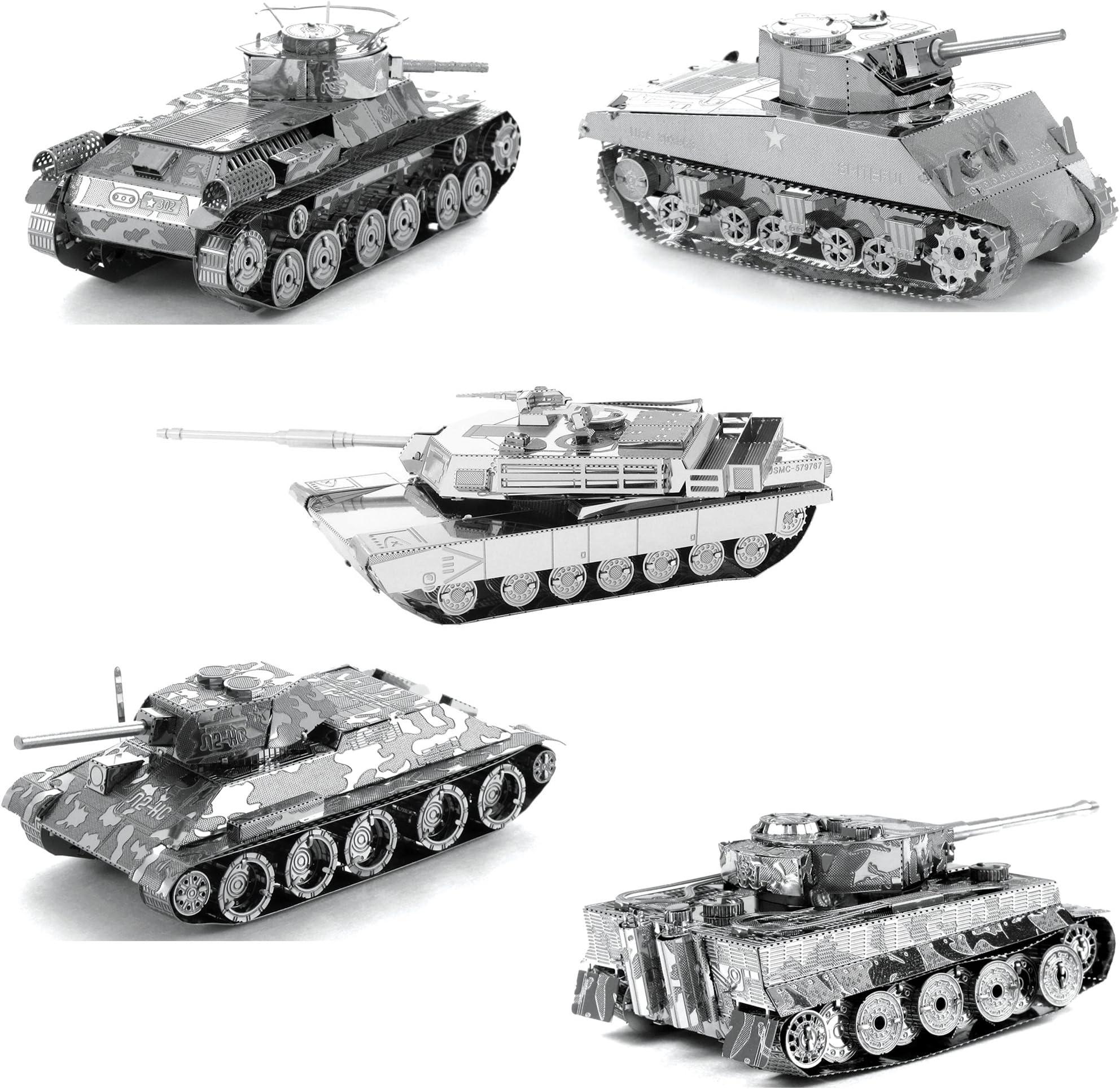 Fascinations Metal Earth Tanks 3D Metal Model Kits - M1 Abrams - Tiger 1 - T-34 - Chi-Ha - Sherman - Set of 5