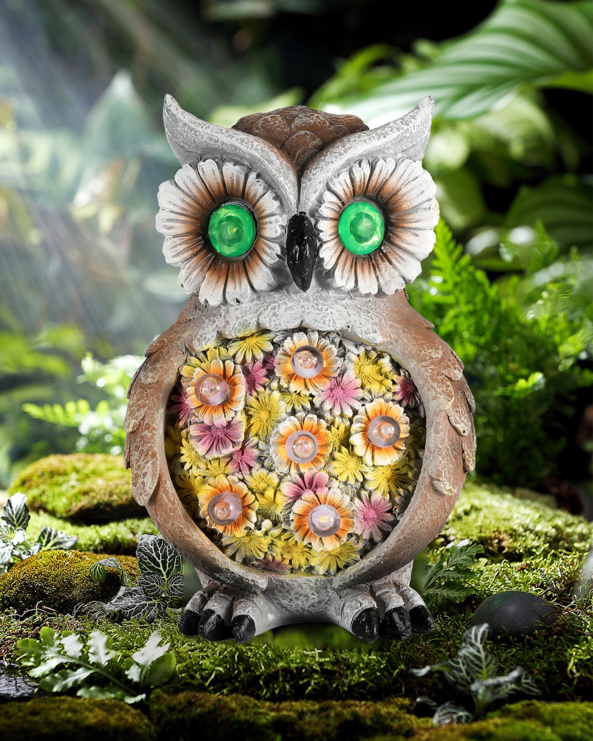 Azonee Owl Garden Statue, Solar Hand-Painted Resin 6.7'' Owl Figurine Decor with Lifelike Details and Glowing Eyes for Outdoor Yard Garden Decorations, Unique Gifts for Friends and Family