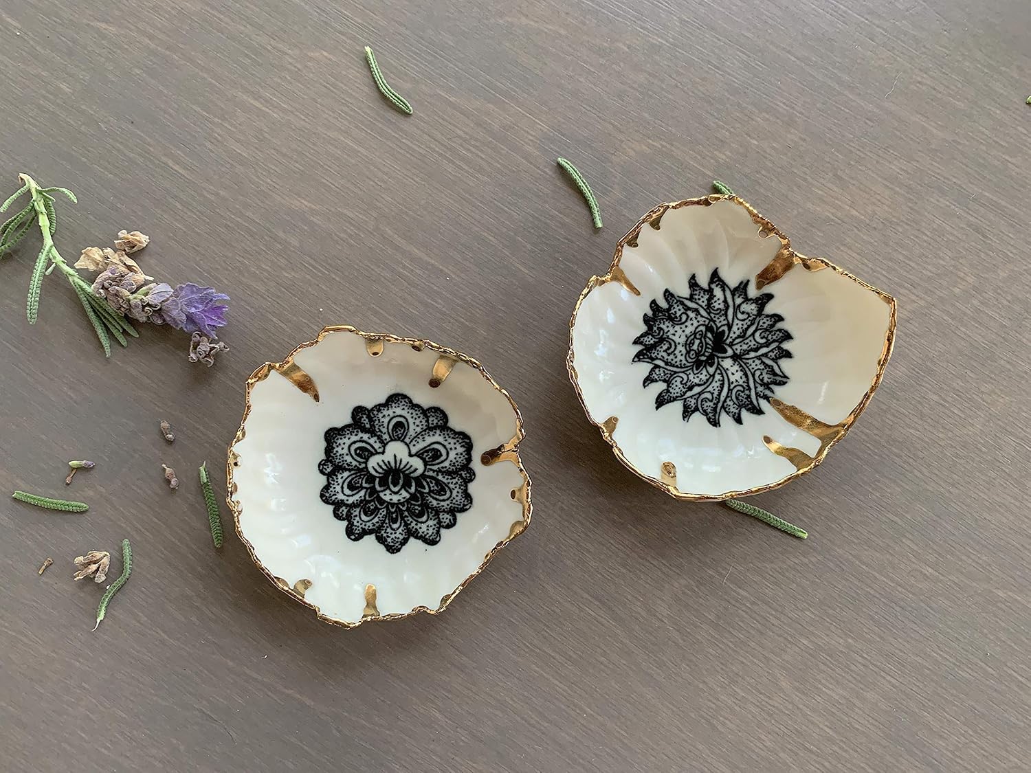 Black and Gold Lotus Flower Ring Dish, Handmade Trinket Bowl, Jewelry Gifts for Women, Unique Present for Her -Stock Photo, Please Read Description
