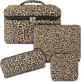 GISMTR 4Pcs Quilted Makeup Bag Set Cute Floral Cosmetic Bag Cotton Coquette Make up Bag Aesthetic Travel Toiletry Bag for Women Girls