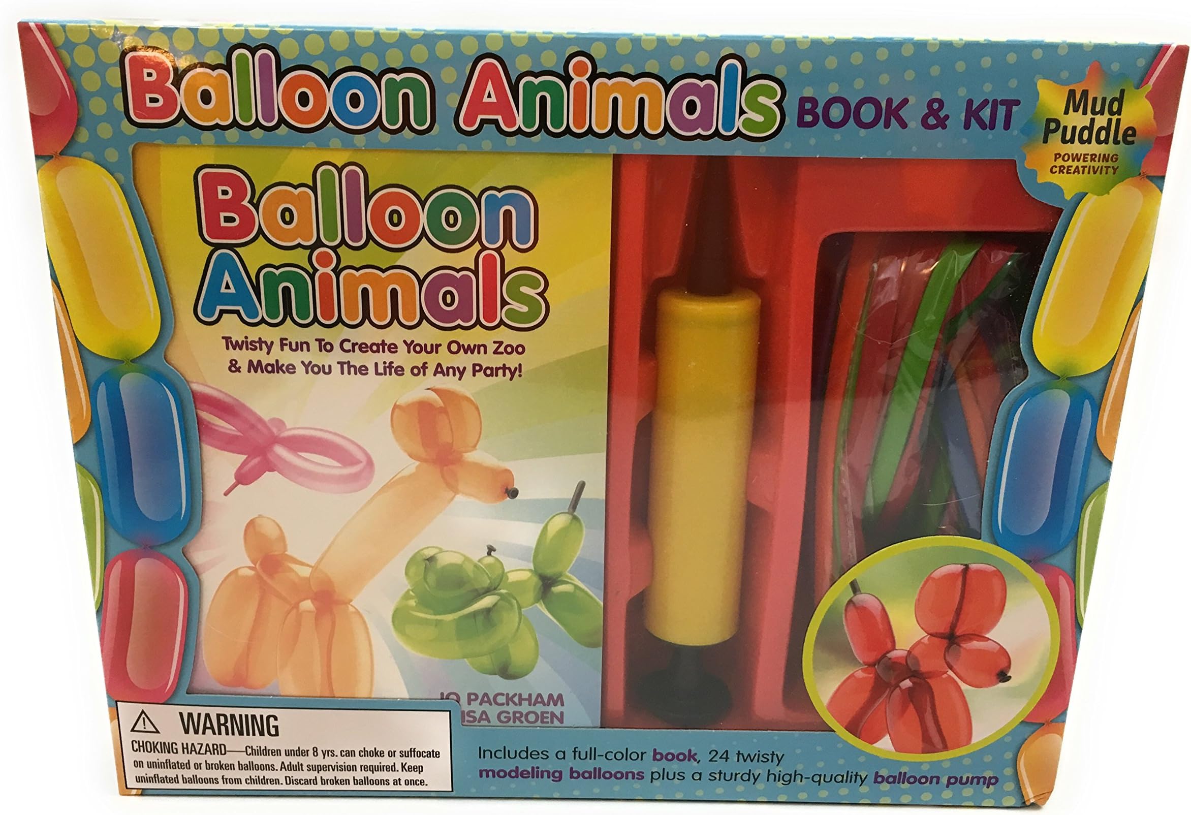 Mud Puddles, inc. Balloon Animals Book & KIT- 24 Twisty Modeling Balloons- Full Color Instruction Book- Sturdy Yellow AIR Hand Pump