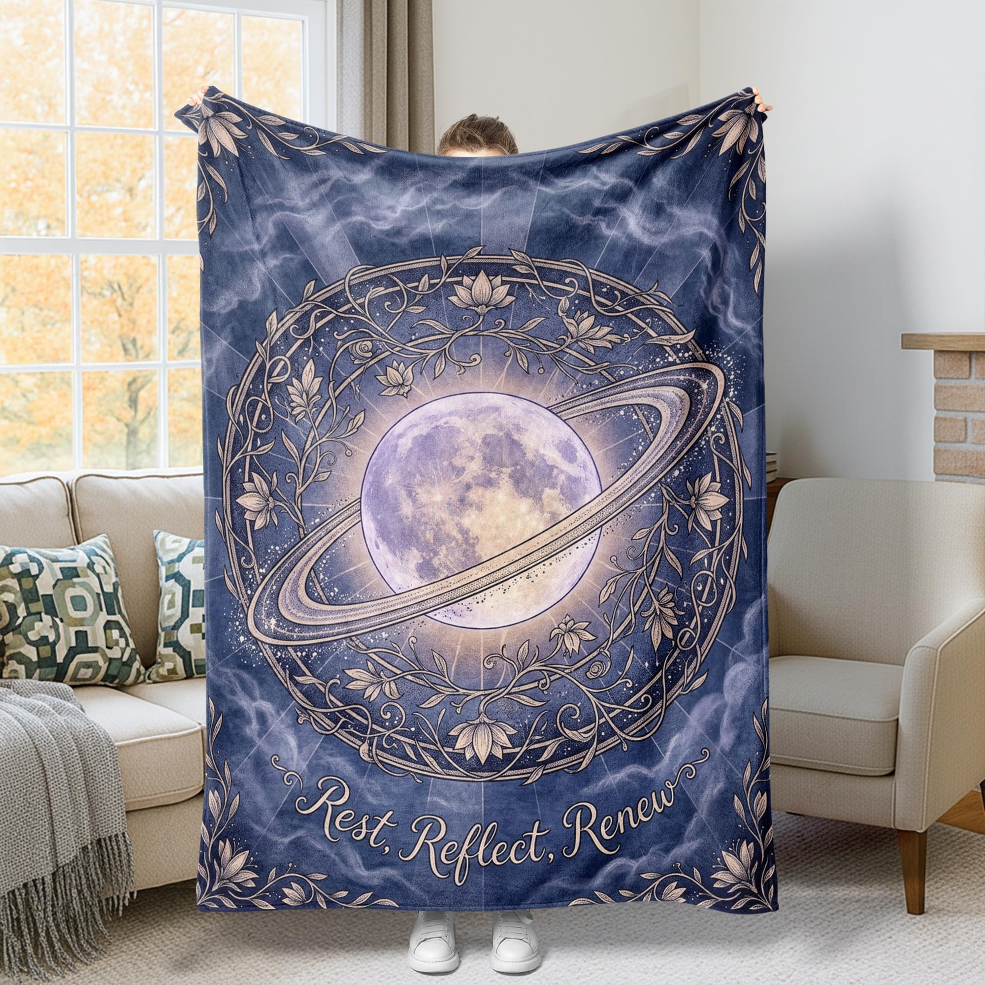 Couverture lune cosmique Saturne plaid pelucheux luxe 152x203