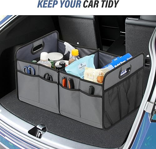 Miniatura 7 de Simple Deluxe Organizador de maletero de automóvil para SUV, caja de almacenamiento plegable de 2 compartimentos de 50 litros con 5 bolsillos,
