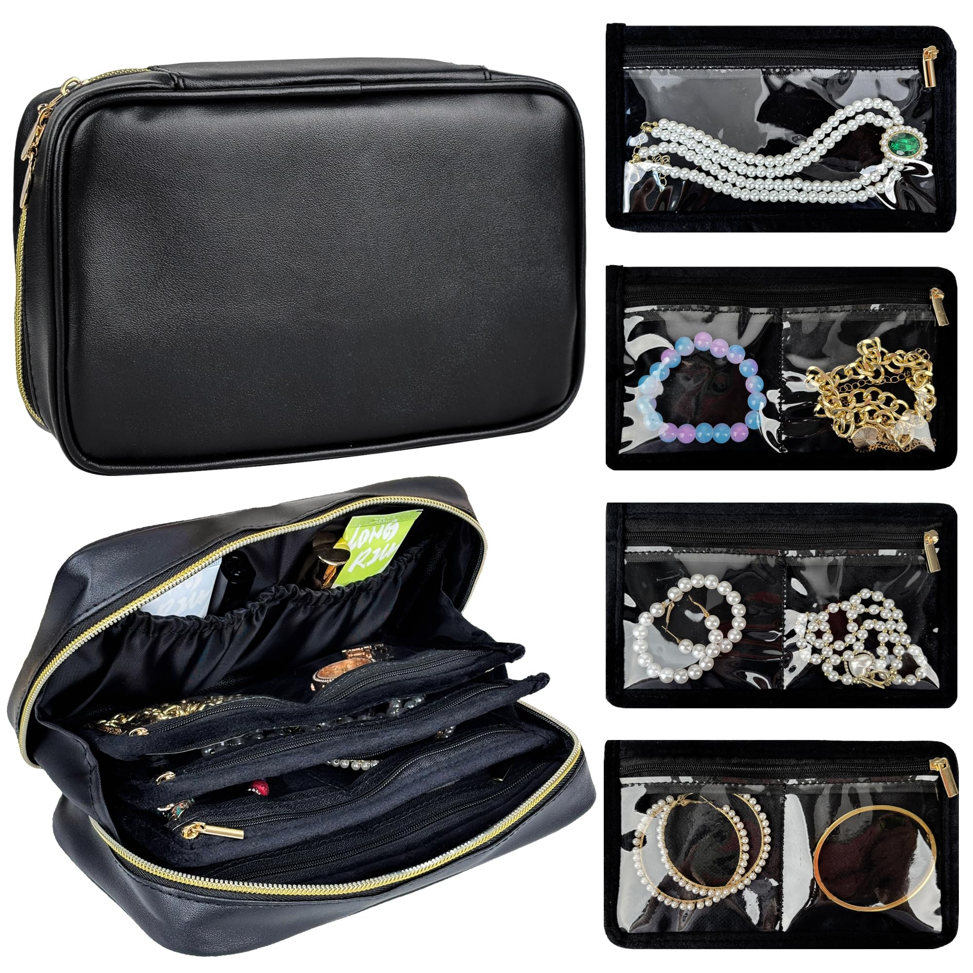 Travel Jewelry Organizer Case Small Jewelry Bags for Traveling Jewelry Case with 14 Pcs Clear Zipper Velvet Pockets