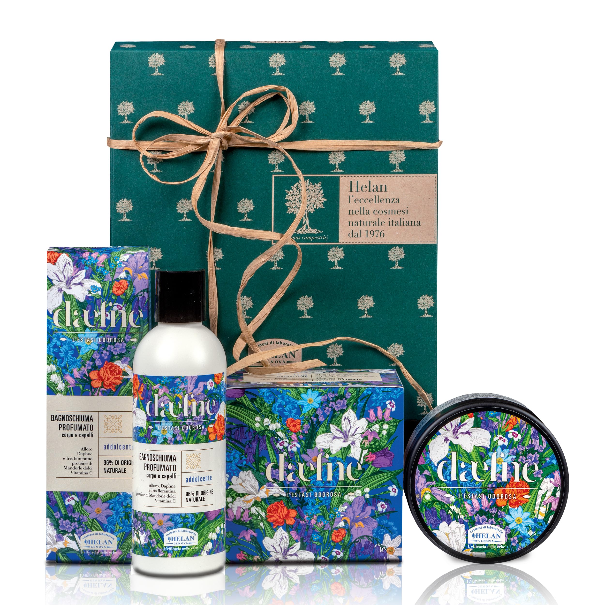 Helan, Daefne - Geschenkset für Damen mit Shampoo und Körperbad mit Vitamin C 200 ml + feuchtigkeitsspendende Körpercreme trockene Haut parfümiert mit Süßmandelöl 200 ml, Geschenkset