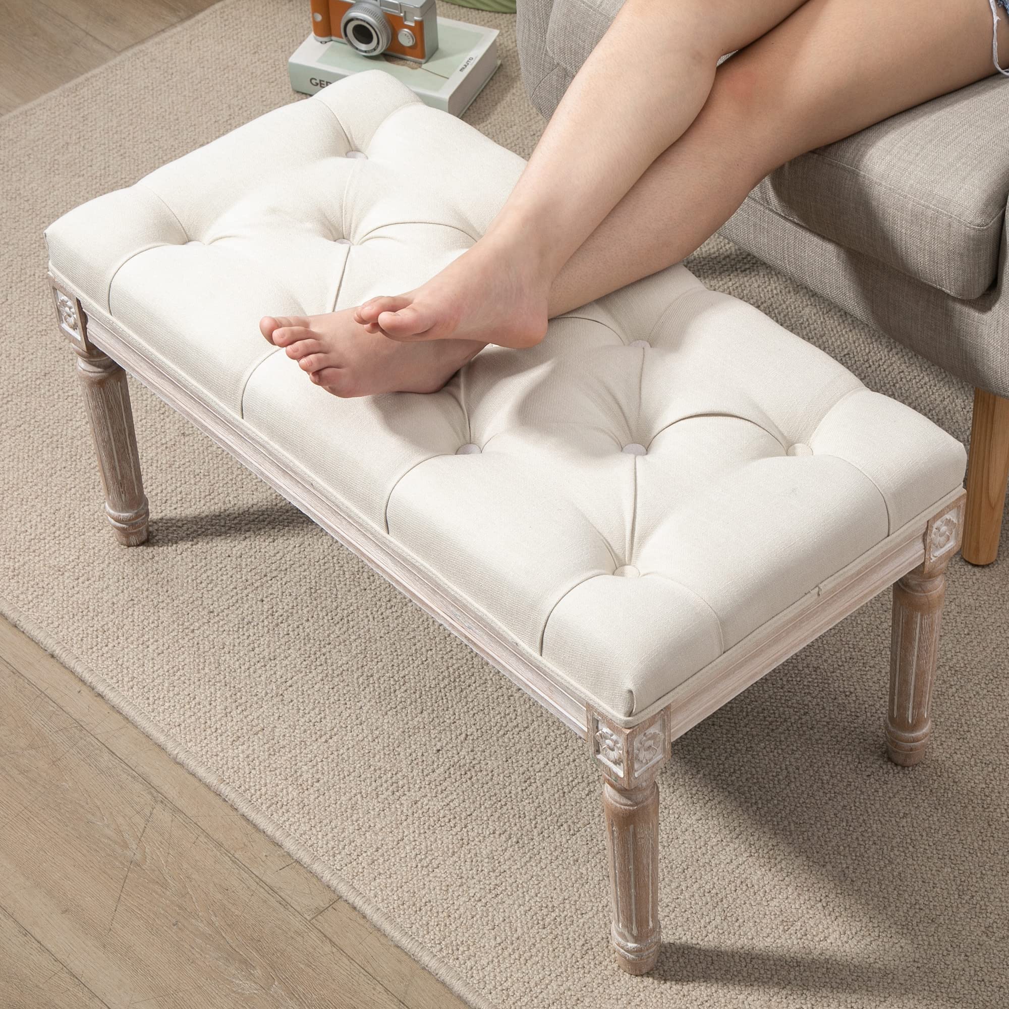 HOMCOM Sitzhocker Fußstütze Holzbein Wohnzimmer Schlafzimmer Cremeweiß | Polsterbank mit Leinenoptik, Fußhocker mit Gepolstertem Sitz, Ottomane