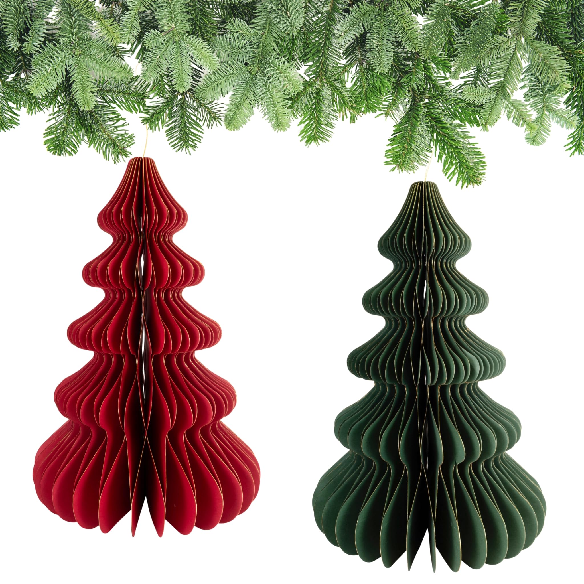 Weihnachtsdeko Tannenbäume zum Aufhängen Rot & Grün 12er Set - 15 cm Papier Weihnachtsbaumschmuck
