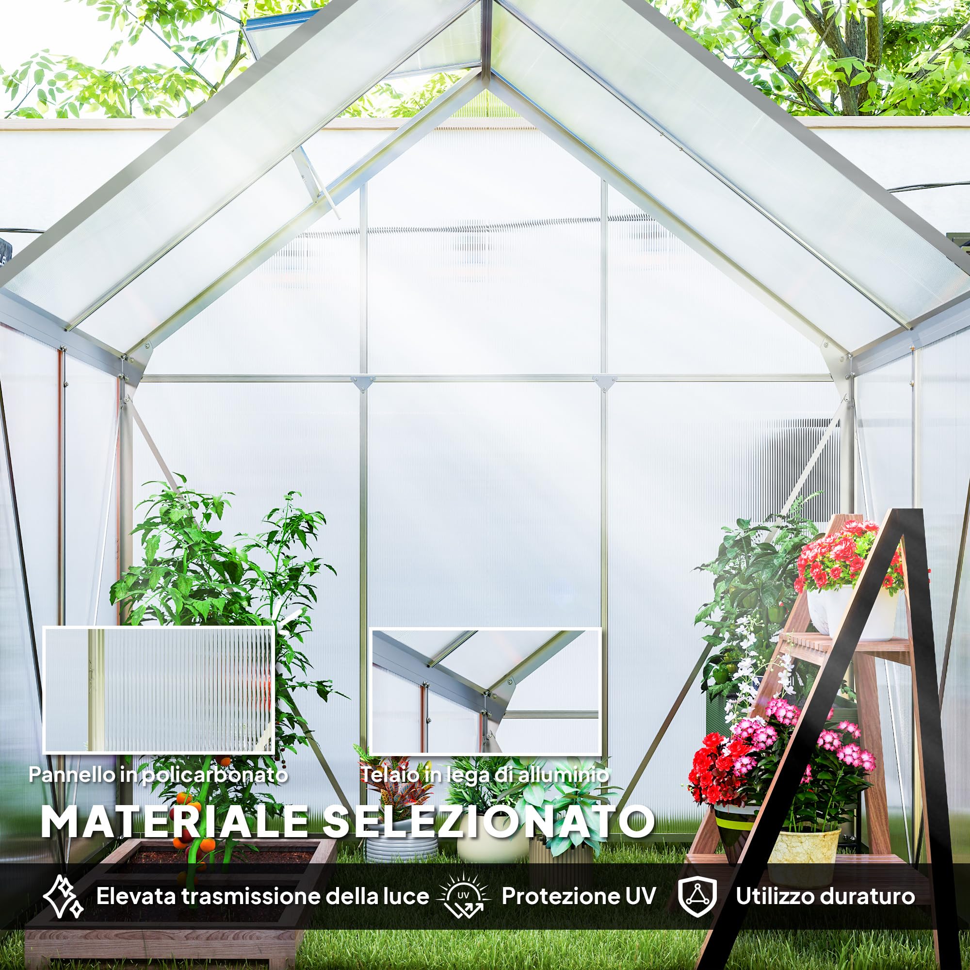 Outsunny Invernadero de jardín de policarbonato con marco de aleación de aluminio 2,5㎡, invernadero para huerto con base, canalones, ventana de techo ajustables, puerta batiente, para plantas, anti UV